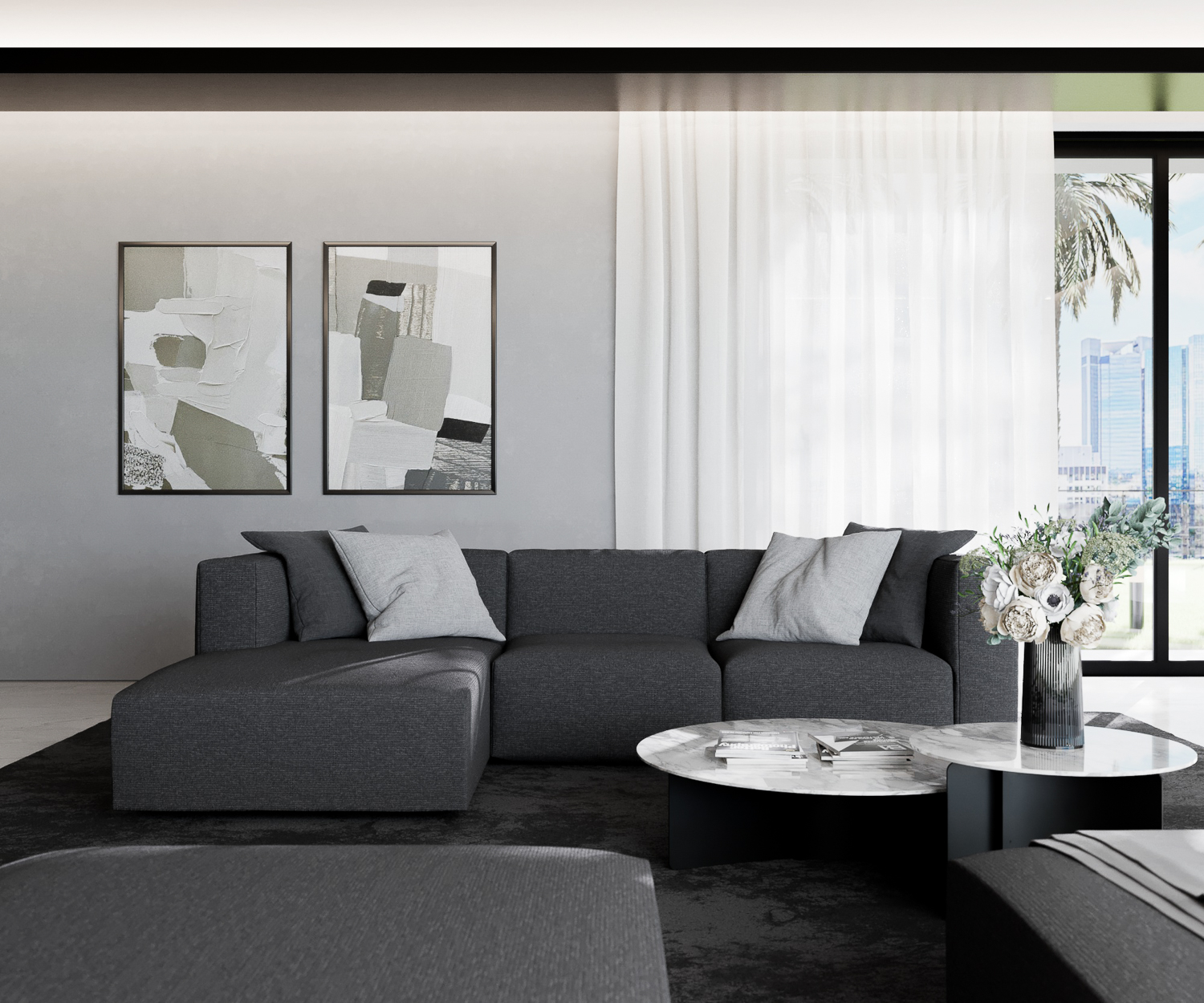 Prostoria Divano da salotto di design Match L esclusivo rivestimento moderno in tessuto di alta qualità con recamiere divano angolare a tre posti vista frontale