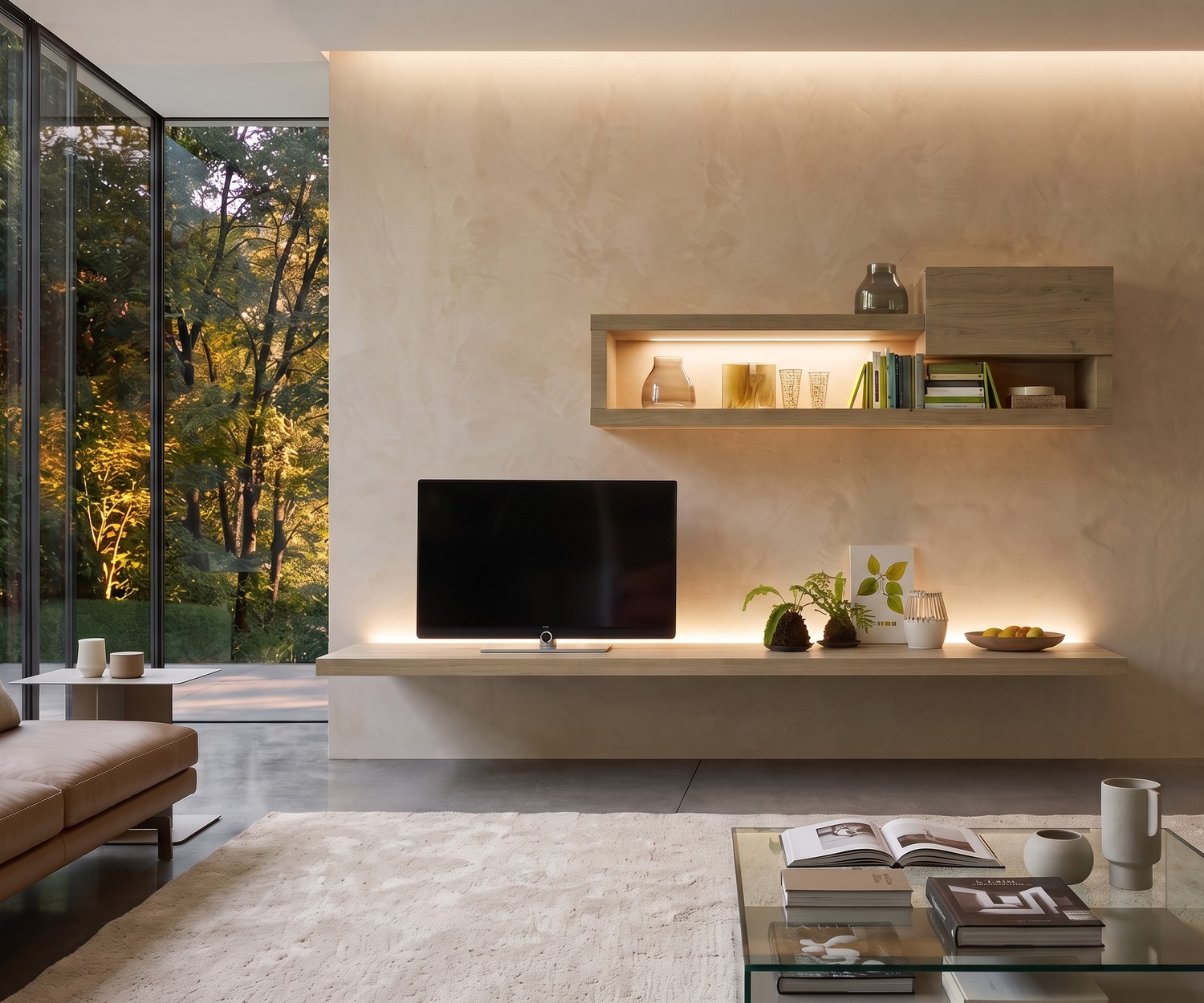 Mensola TV sospesa Livitalia come mobile TV sospeso in legno chiaro per un soggiorno minimalista con luci LED.