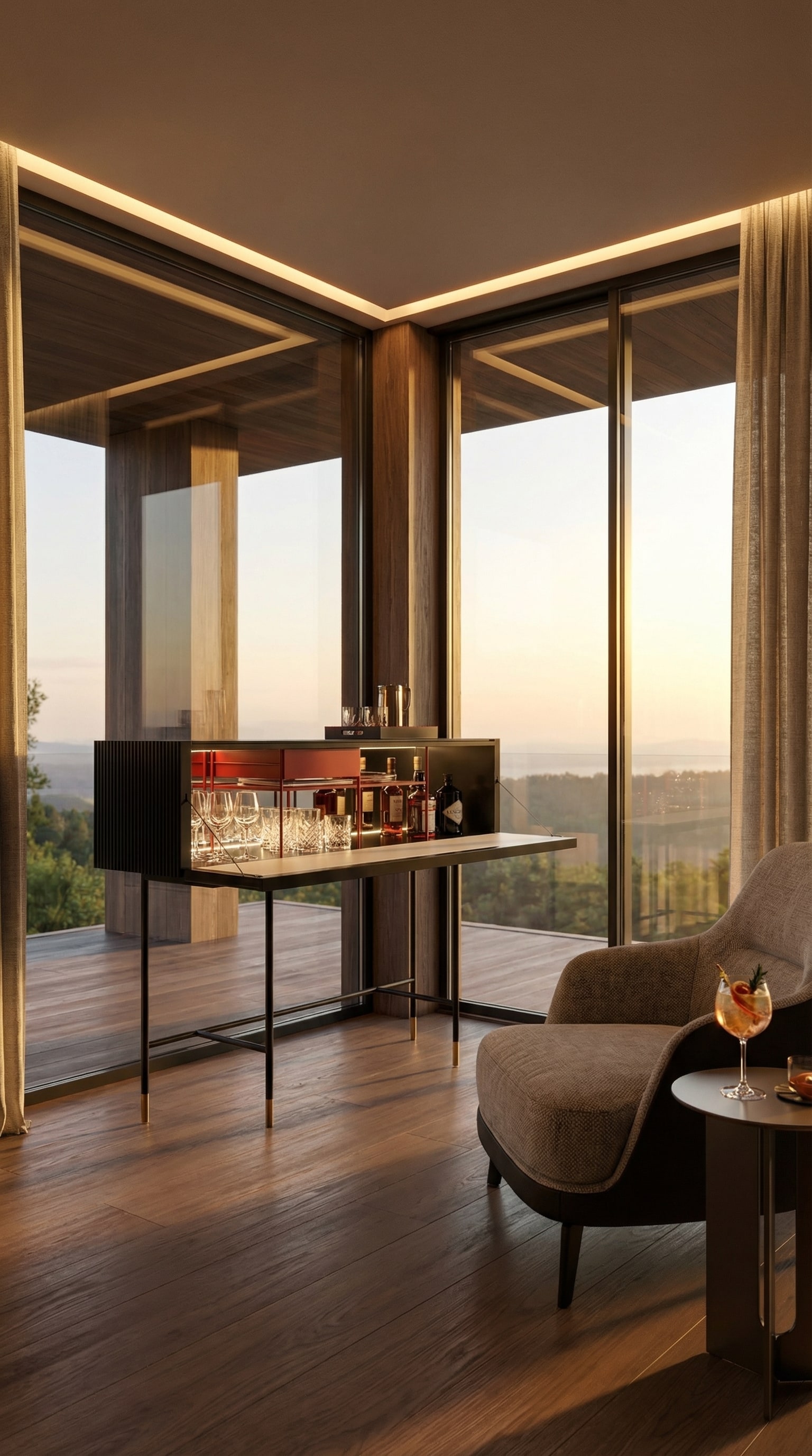 Capo d&acute;Opera Aero Bar Sideboard ge&ouml;ffnet, mit funkelnden Gl&auml;sern und Flaschen im abendlichen Licht.