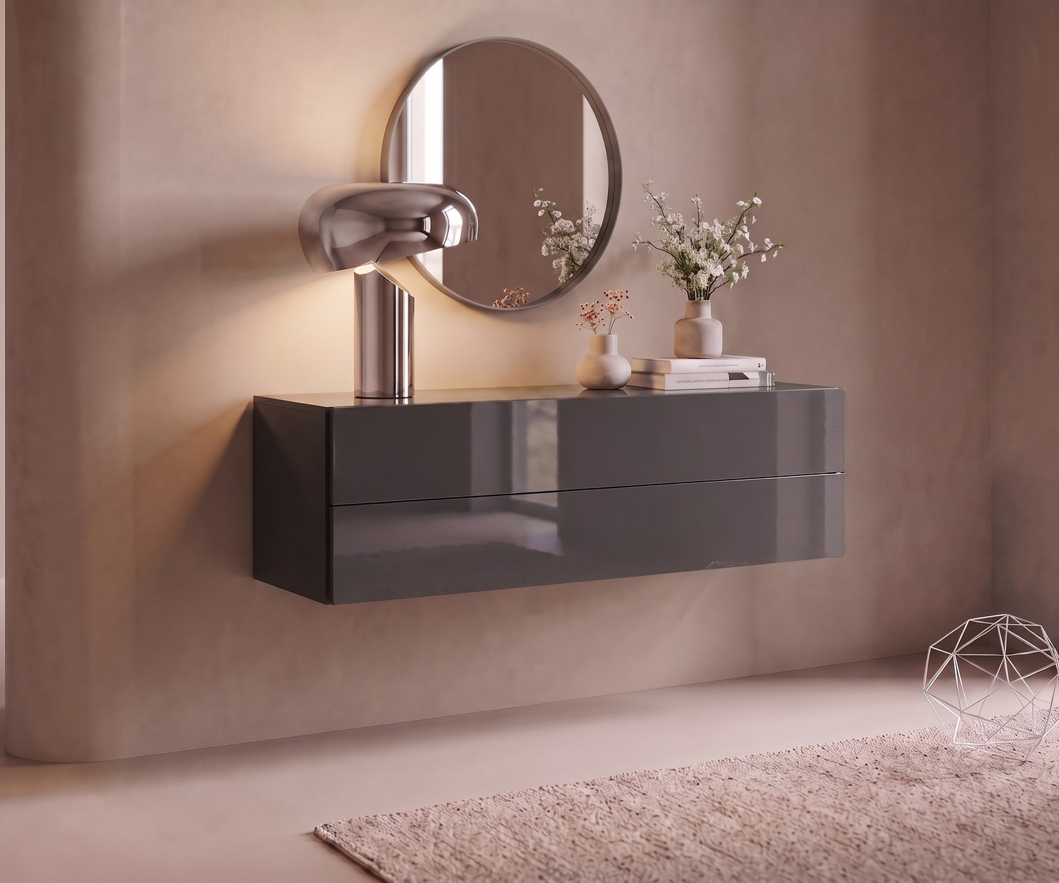 Cassettiera sospesa Easy di Novamobili per l'ingresso, laccato grigio lucido, stile moderno e minimalista.