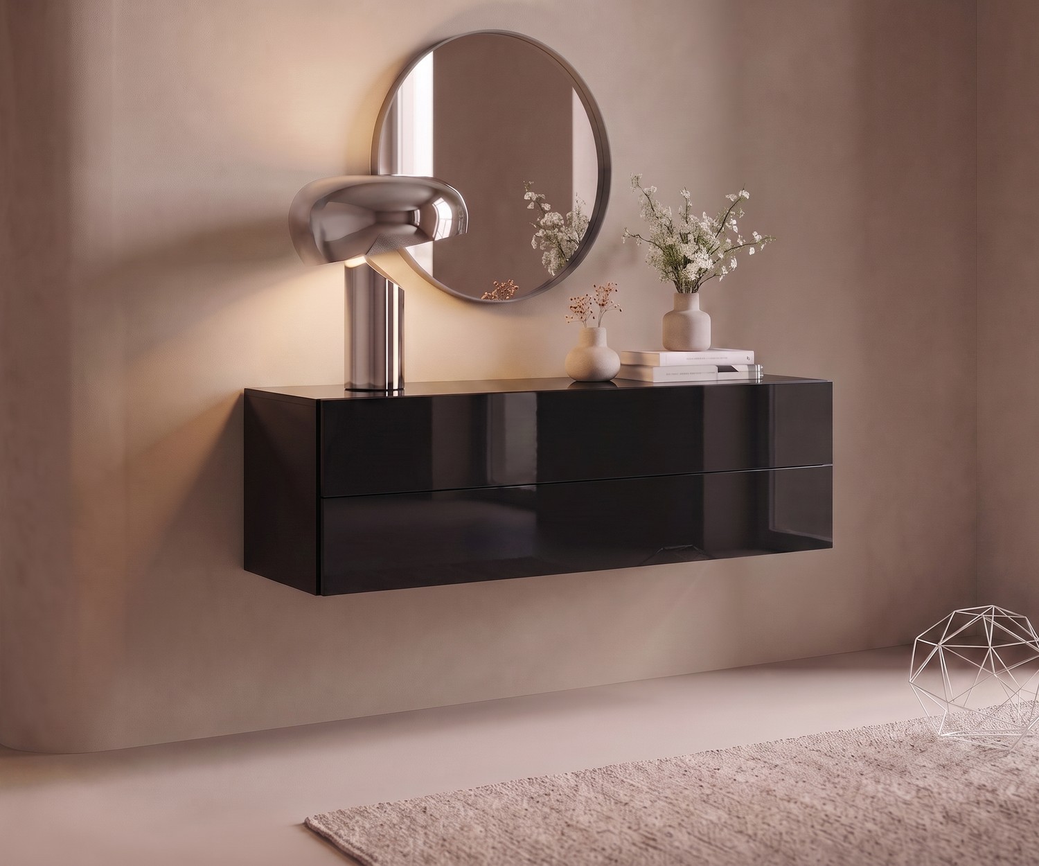 Cassettiera sospesa Novamobili Easy per l'ingresso. Comò sospeso nero lucido dallo stile moderno con specchio tondo.