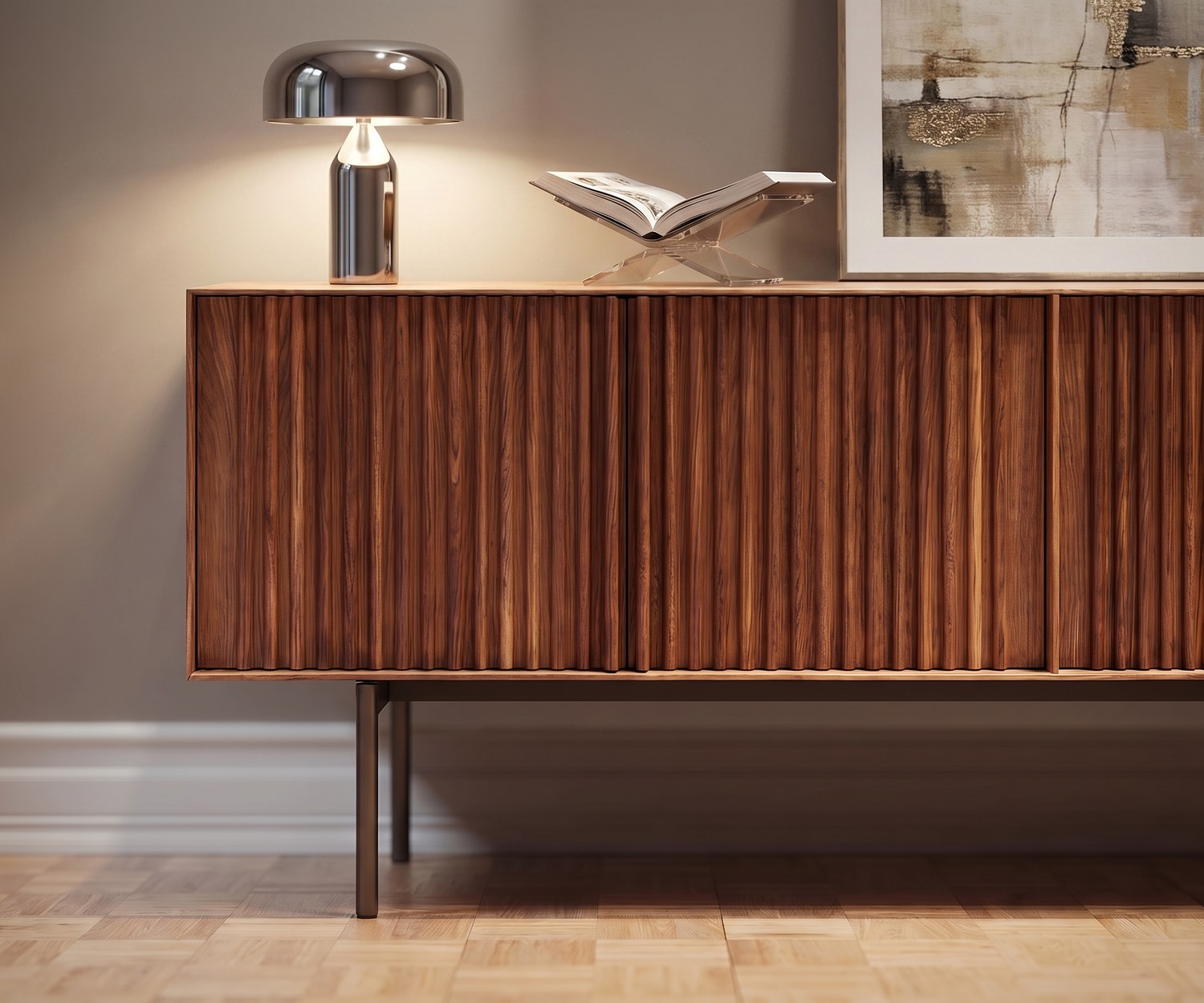 Credenza di design al2 ka-bera 003 A in noce con ante a listelli, elegante mobile contenitore per soggiorno moderno.