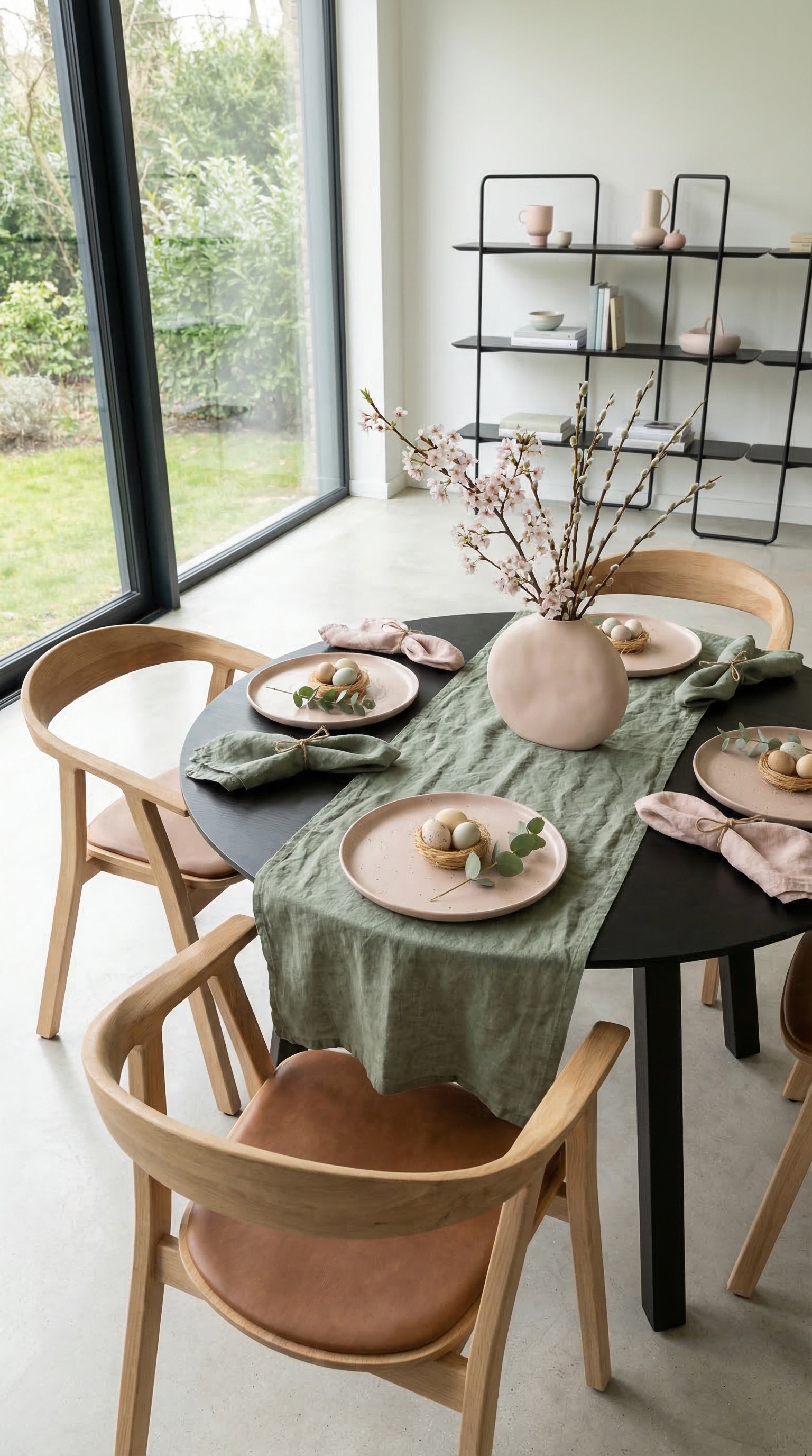 Un tavolo da pranzo apparecchiato a festa per il brunch di Pasqua in verde salvia e rosa davanti a grandi finestre. Un tavolo da pranzo apparecchiato a festa per il brunch di Pasqua in verde salvia e rosa davanti a grandi finestre.