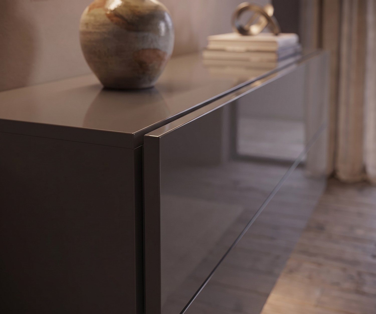 Cassettiera sospesa Easy di Novamobili per il soggiorno, finitura lucida grigio quarzo, design moderno e minimalista.