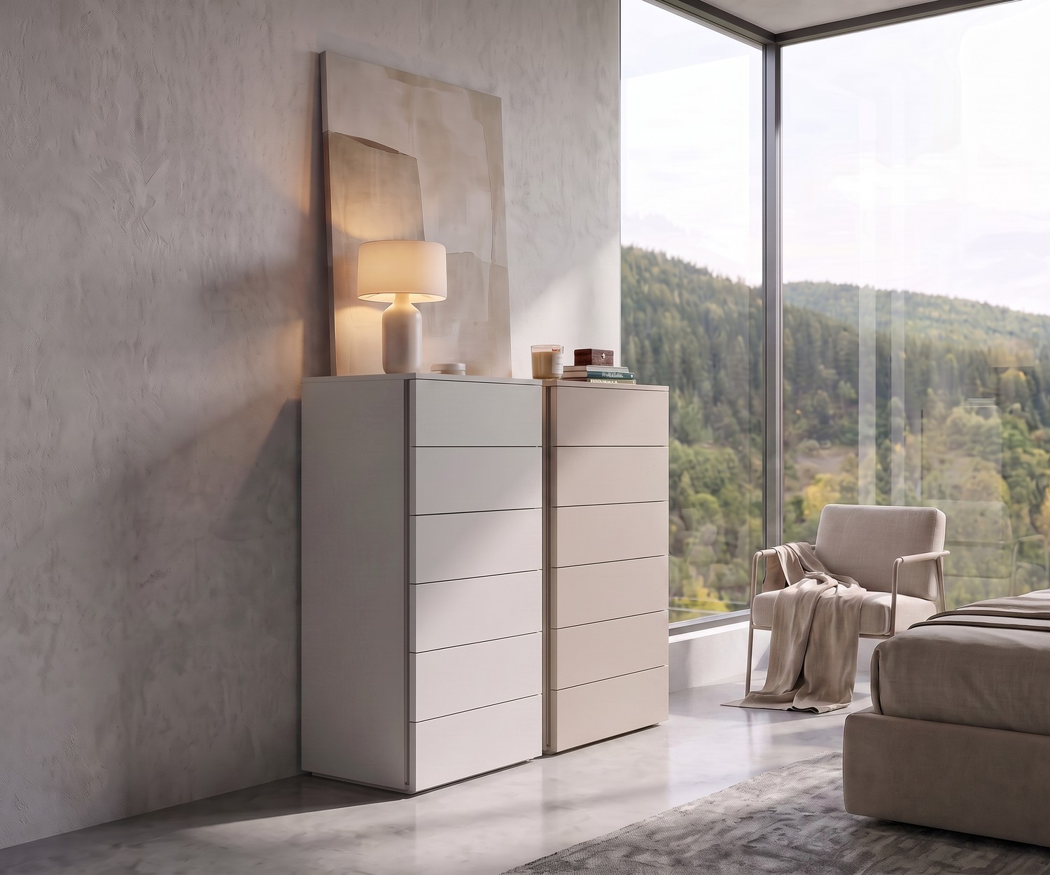 Cassettiera alta Livitalia Atena per camera da letto. Settimanale moderno senza maniglie bianco e beige, design italiano.
