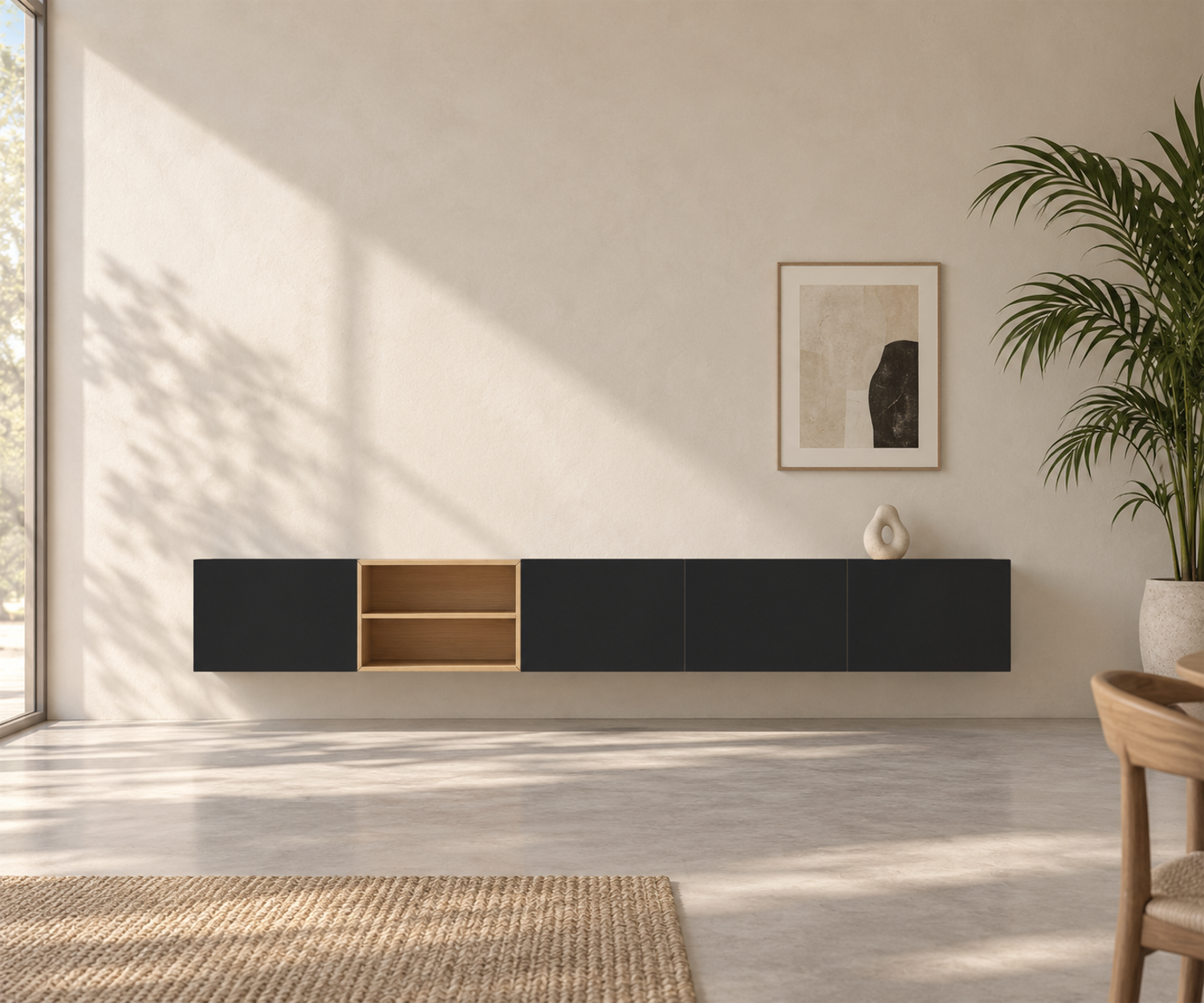 Livitalia Box 18 Madia sospesa 300 cm – Nero opaco + Rovere chiaro