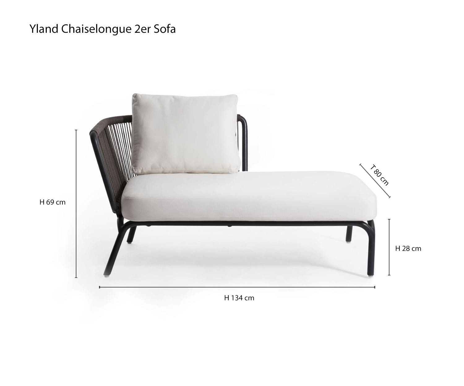 Chaise longue Divano di design a 2 posti Yland da Oasiq Schizzo Dimensioni Dimensioni Informazioni sulle dimensioni