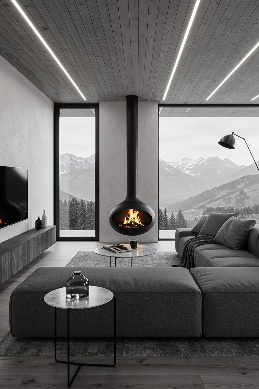 soggiorno arredato in stile moderno e minimalista con divano extra confortevole in grigio elegante