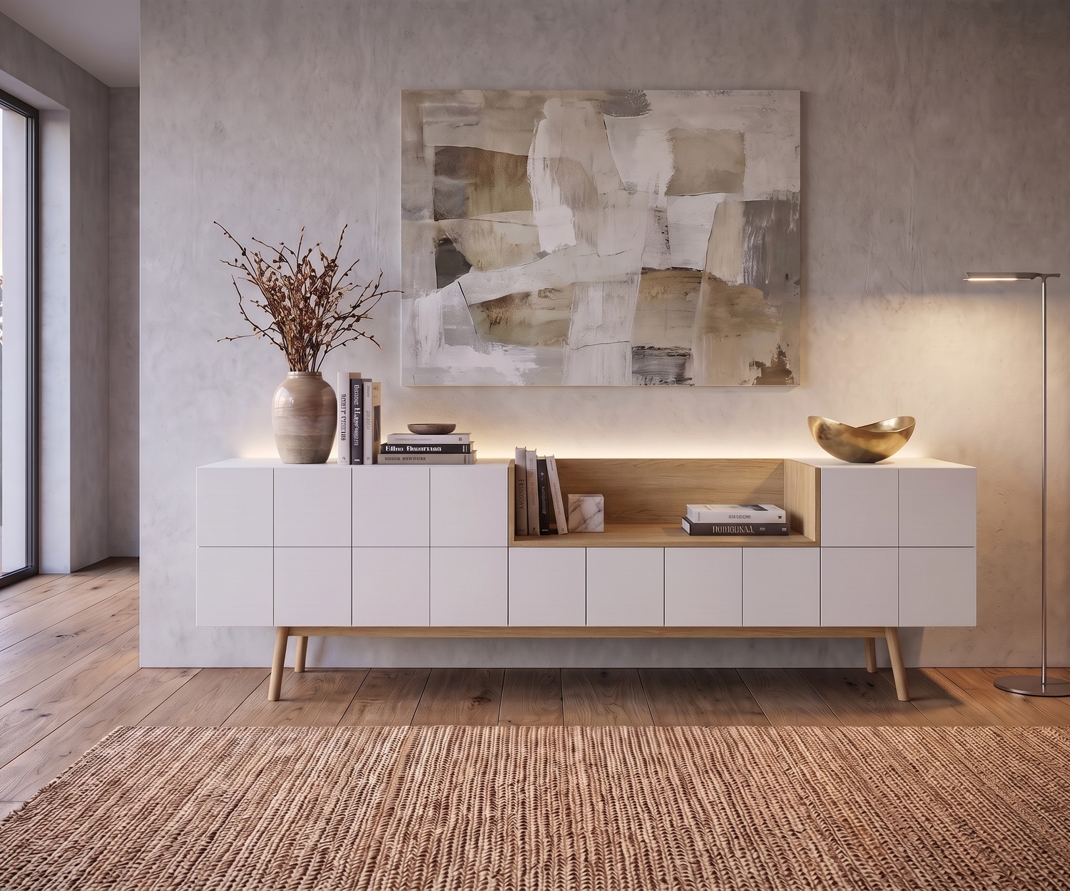 Madia di design al2 MOS-I-KO 003 A per soggiorno in bianco opaco e legno, stile moderno retrò con vano a giorno.