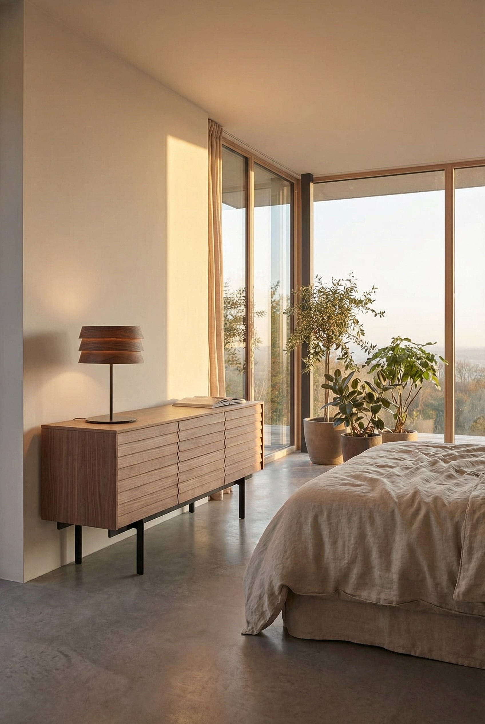 Madia Punt Sussex con delicate lamelle di legno in luce calda.