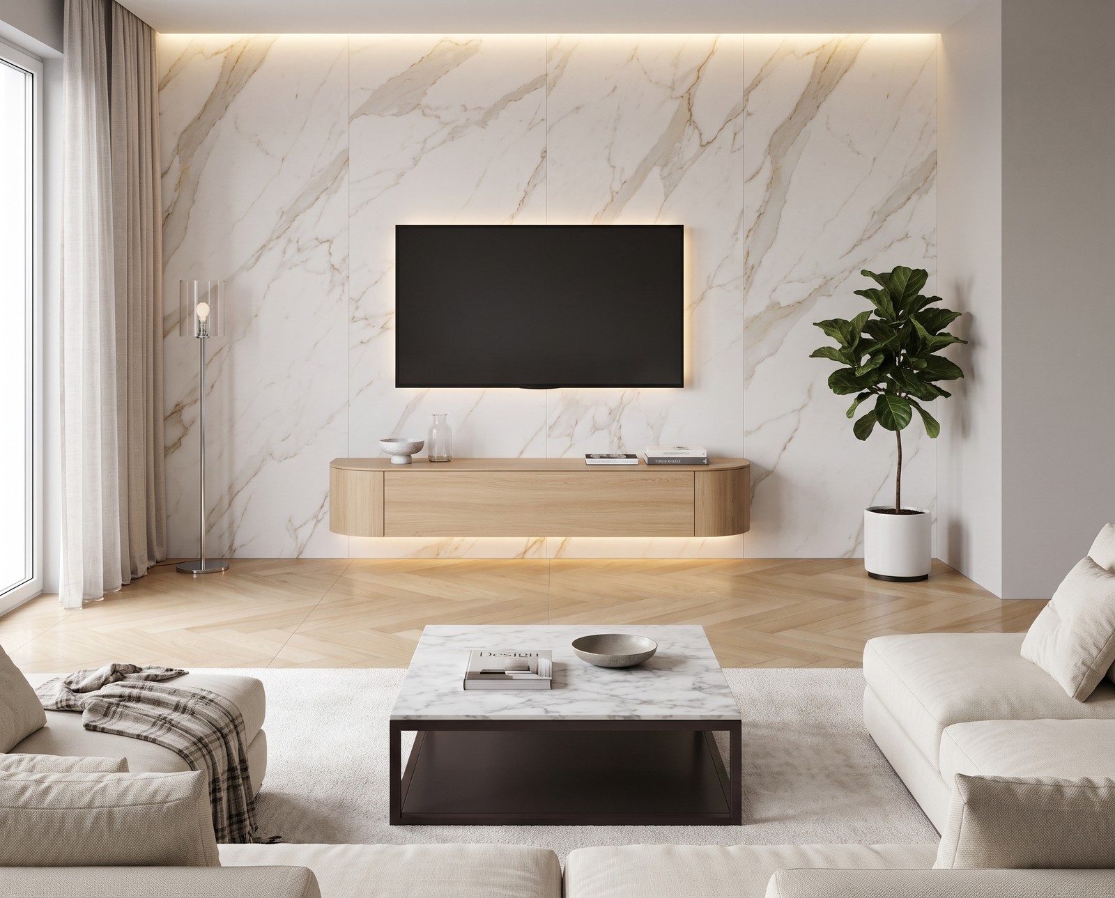 Novamobili Lowboard Tondora in Eiche Furnier, B 210 cm, hängend im Wohnzimmer