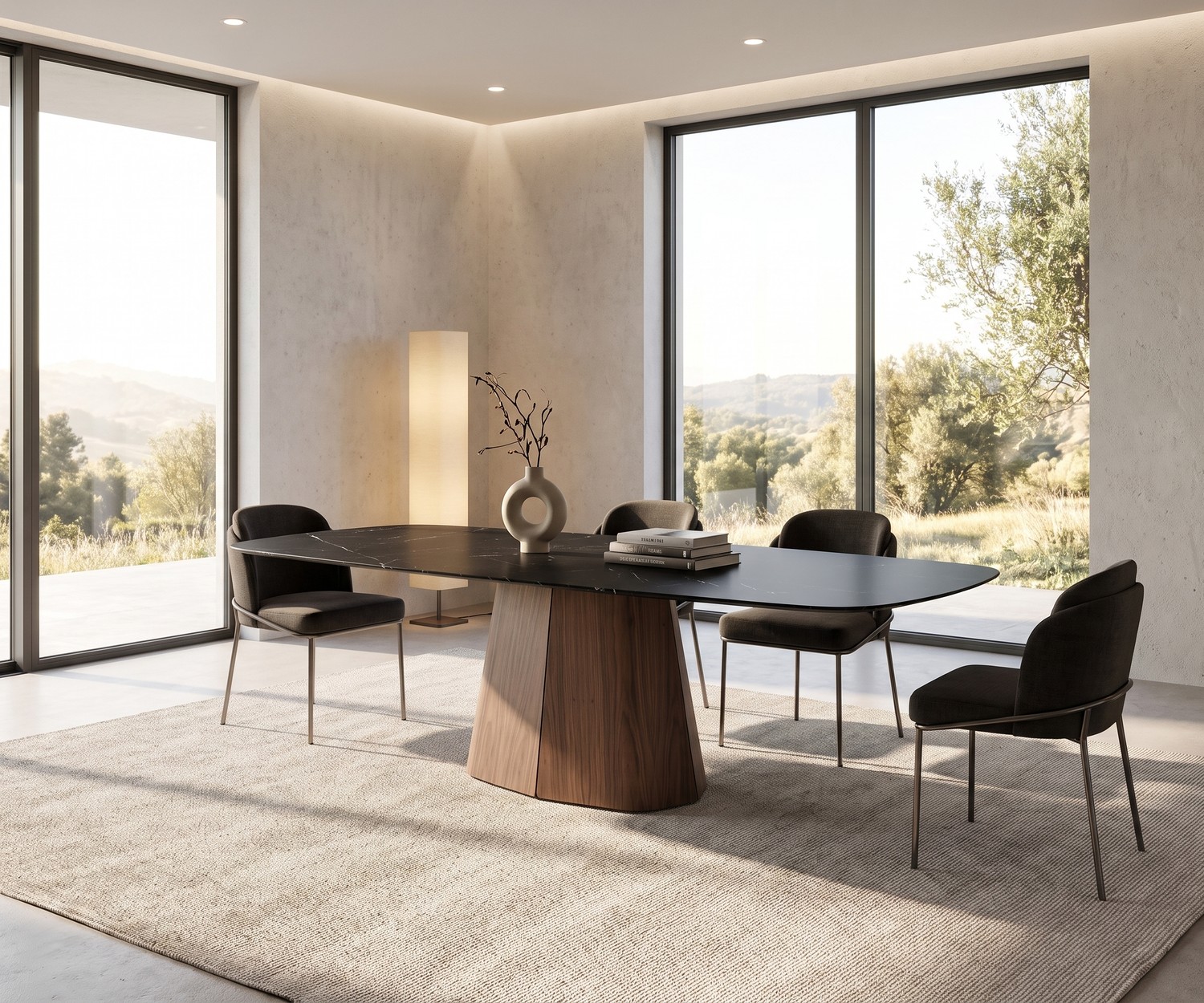 Tavolo da pranzo ovale in legno al2 tessera 001 Tavolo da pranzo ovale in legno al2 tessera 001 in una sala da pranzo moderna e luminosa con sedie di design.