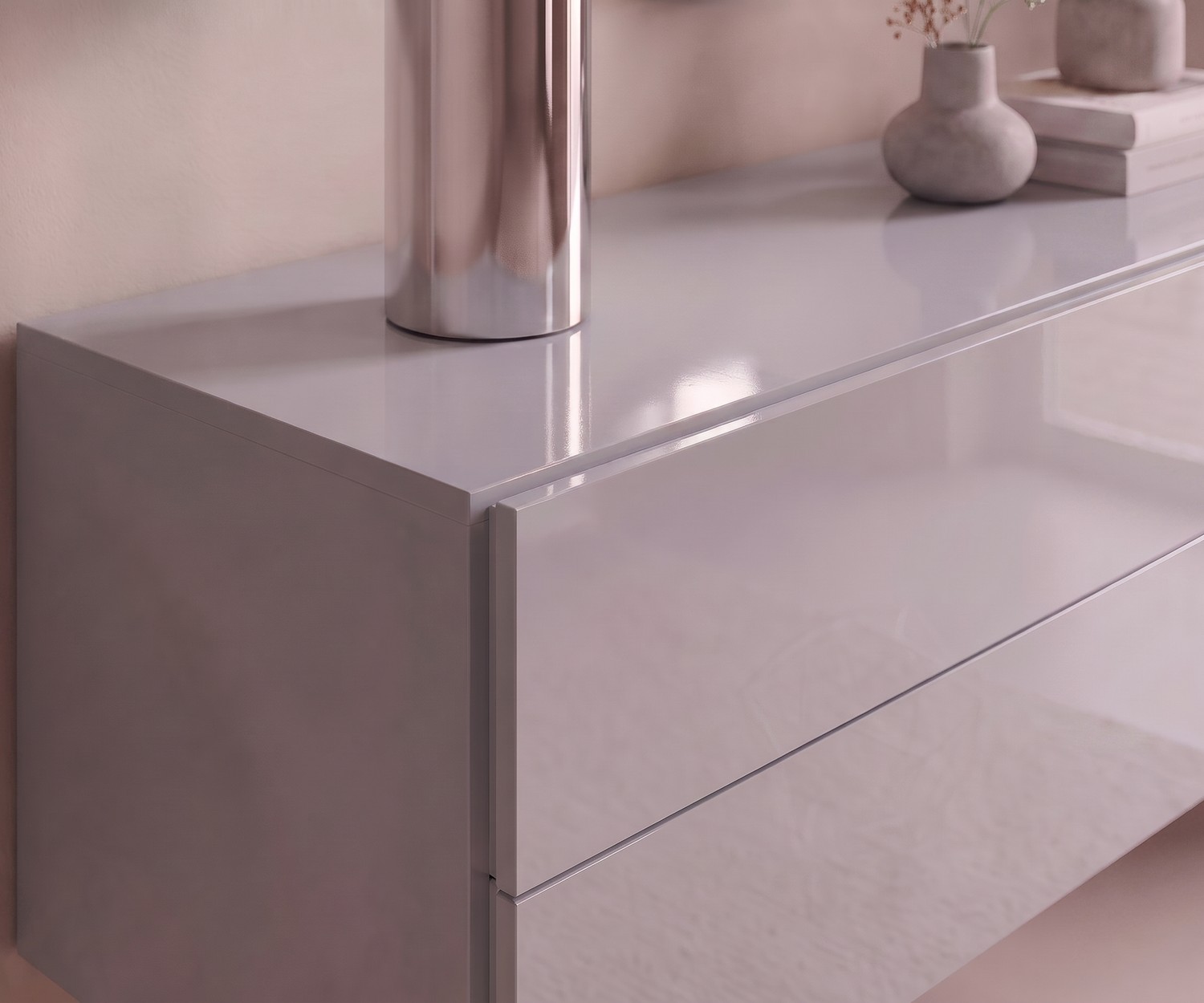 Cassettiera sospesa Easy di Novamobili per la camera da letto, grigio chiaro lucido, moderno design italiano.
