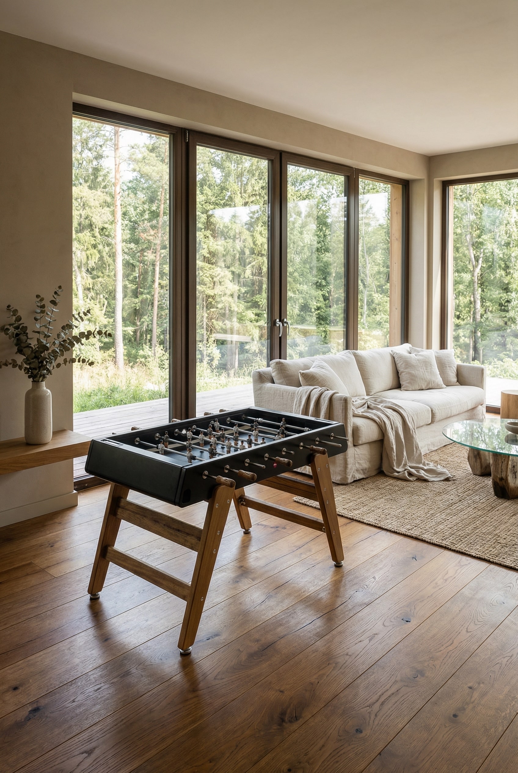 Calcio balilla di design in legno in un accogliente soggiorno scandinavo con parquet in legno e finestre a tutta altezza. Calcio balilla di design in legno in un accogliente soggiorno scandinavo con parquet in legno e finestre a tutta altezza.