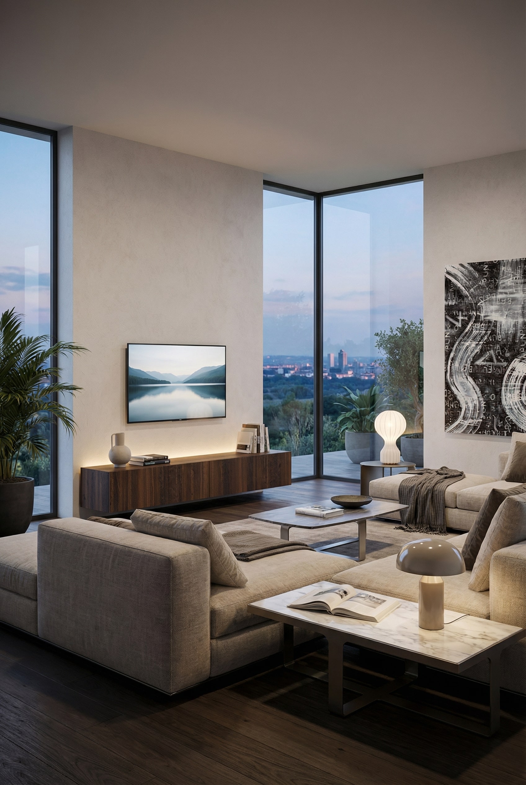 Lowboard in rovere marrone scuro appoggiato a terra con televisore e decorazioni discrete