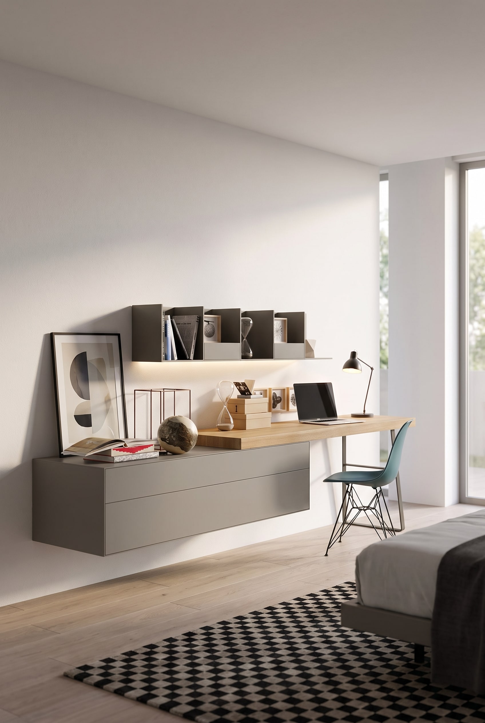 Schlafzimmer mit schwebendem Schreibtisch im modernen Stil