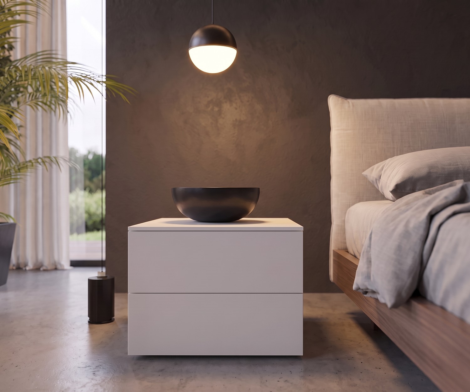 Comodino Atena di Livitalia con due cassetti per una camera da letto moderna dal design minimalista bianco.