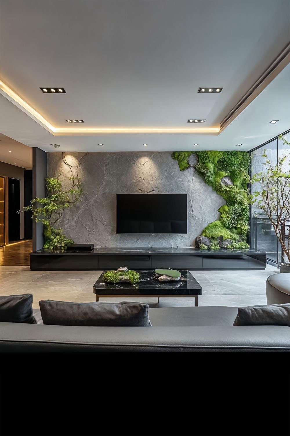 mobili-da-soggiorno-neri-inseriti-in-un-ambiente-naturale-con-autentica-parete-in-pietra-e-muschio