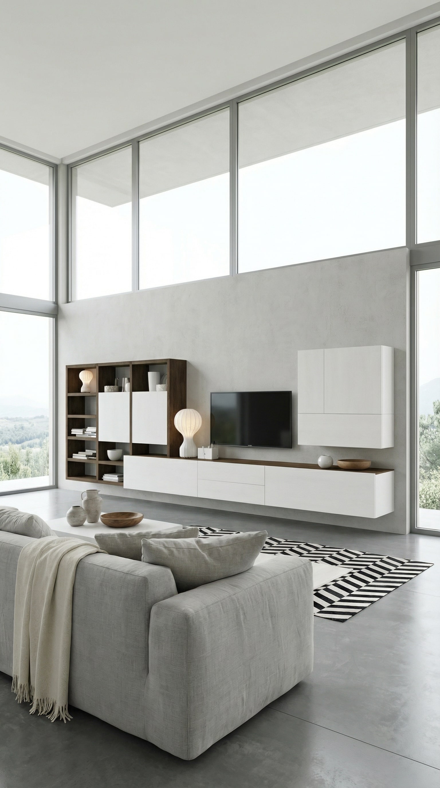 Parete attrezzata moderna bianca in stile rustico con elementi in legno chiaro