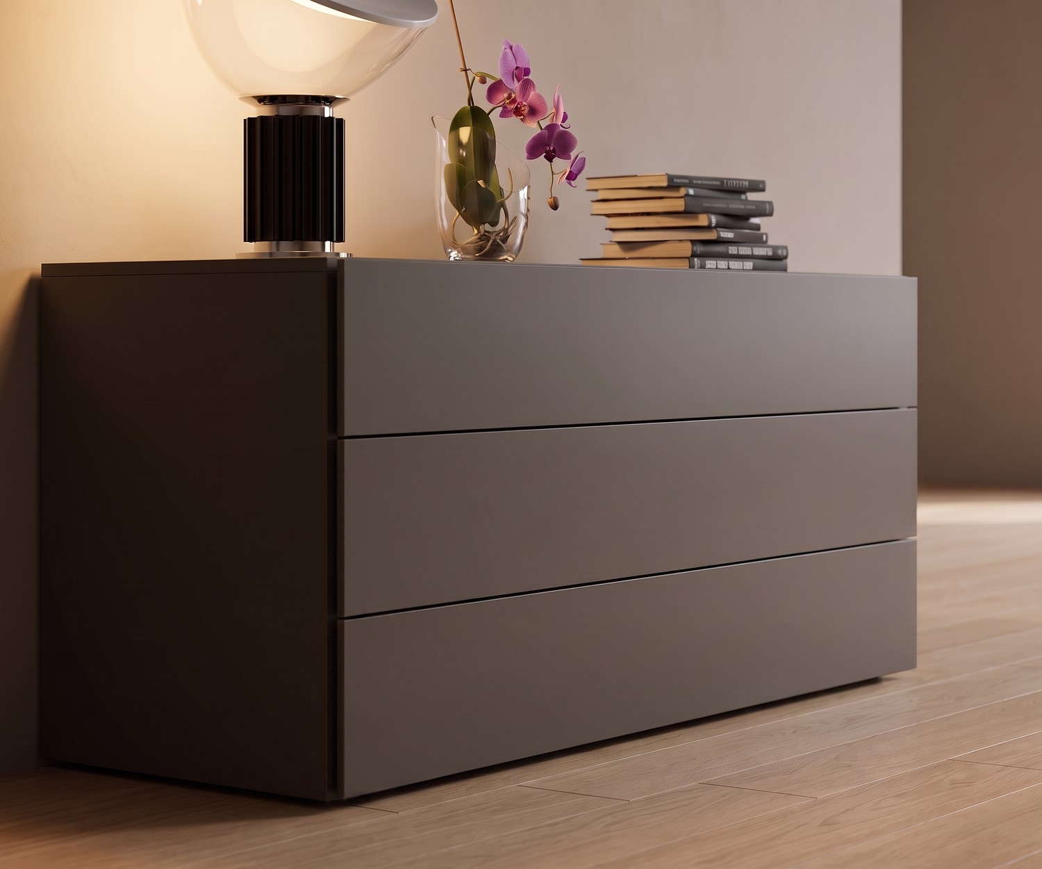 Cassettiera 3 cassetti Novamobili Easy Comò a 3 cassetti Novamobili Easy in grigio, cassettiera moderna e minimalista per camera da letto con lampada.