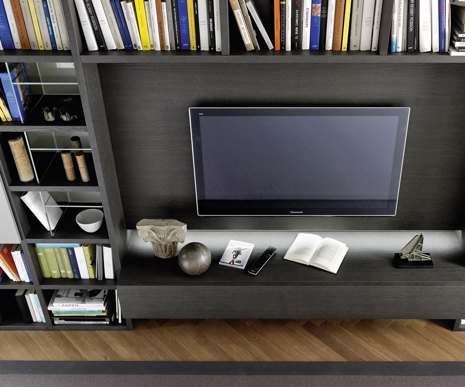 Libreria di design moderno C54 con modulo TV in rovere grigio