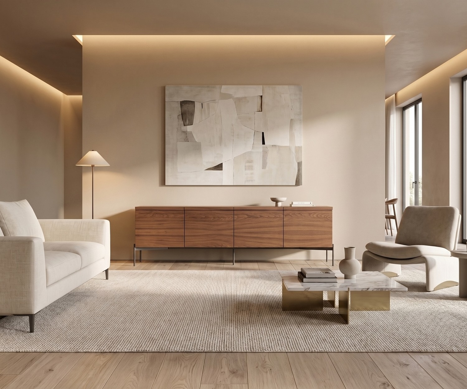 Madia di design al2 o-rizon 003 in legno in un soggiorno minimalista beige con divano e tappeto.