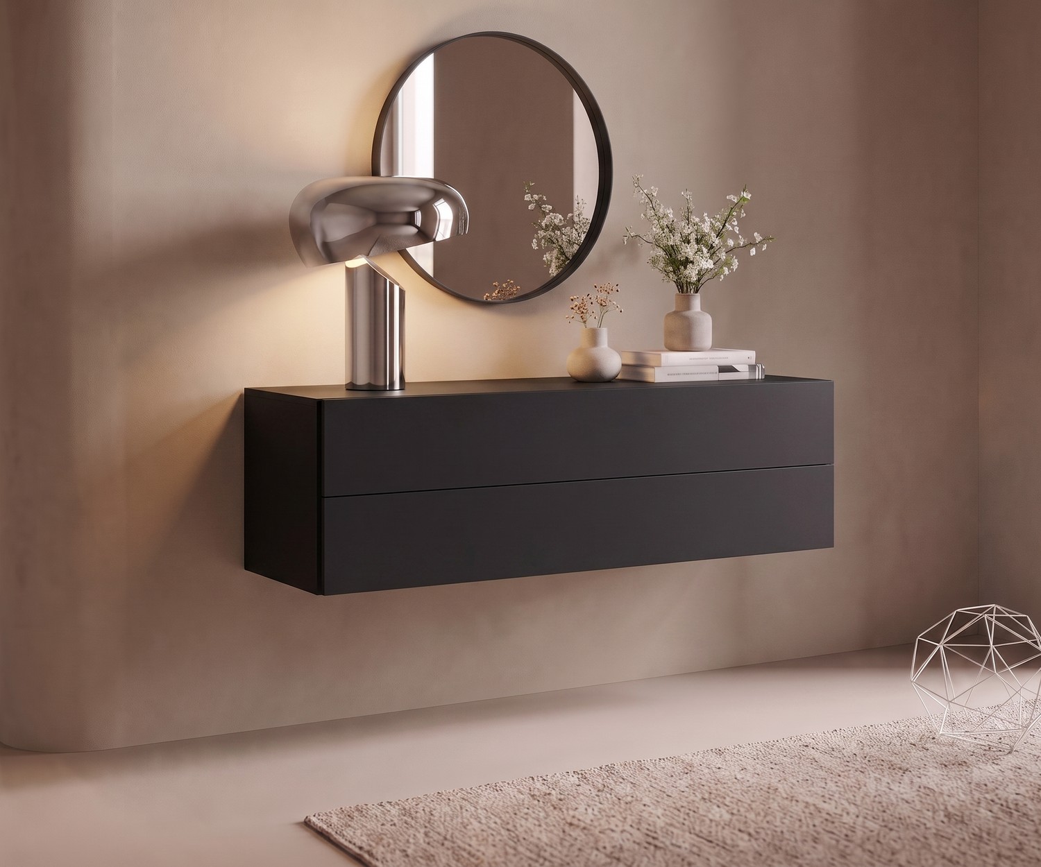 Cassettiera sospesa Easy di Novamobili per l'ingresso, moderno comò sospeso in nero opaco con due cassetti.