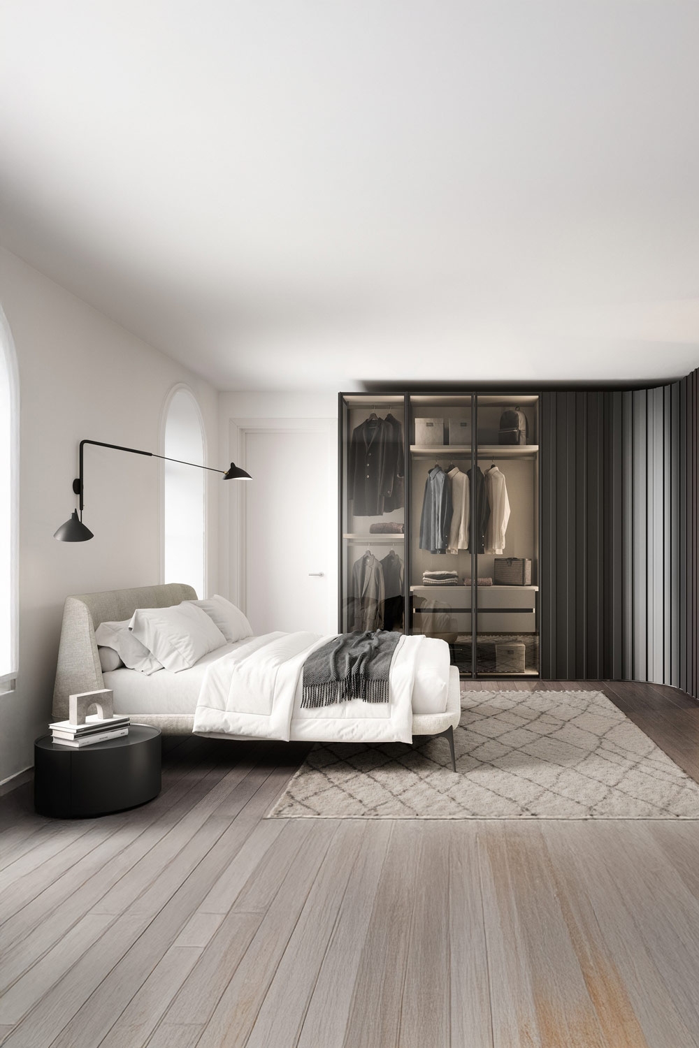 camera da letto moderna in bianco e nero per attraenti contrasti chiaro-scuro