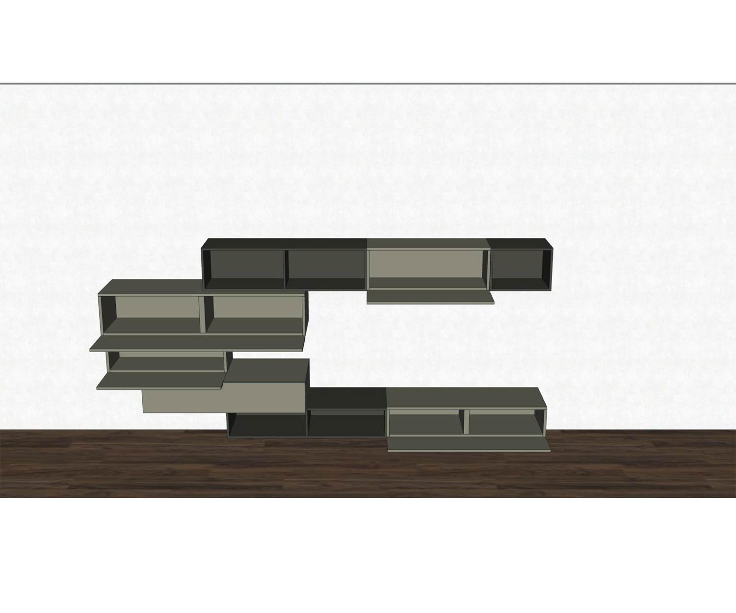 Pensile di design galleggiante con elementi a giorno in tinta con il colore Pensile di design galleggiante con elementi a giorno in tinta con il colore