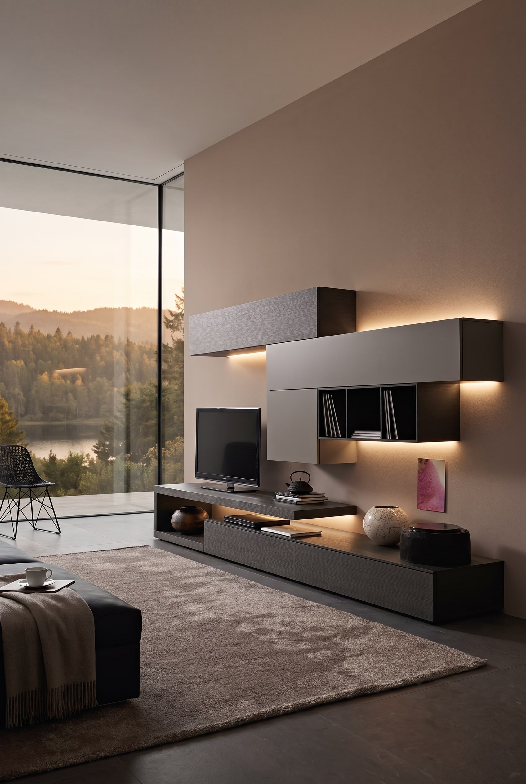 Wohnwand C99 in dunklem Holz vor Macchiato-Wand Wohnwand C99 in dunklem Holz vor Macchiato-Wand