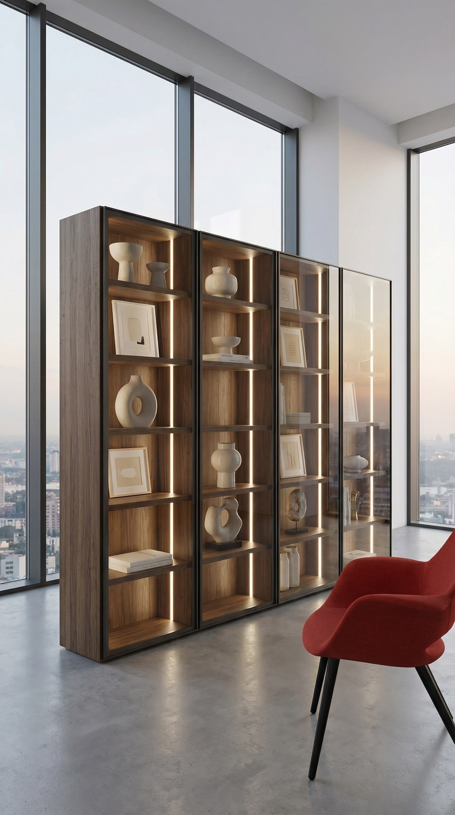 Esclusiva libreria in legno con ante in vetro fum&eacute; e illuminazione a LED