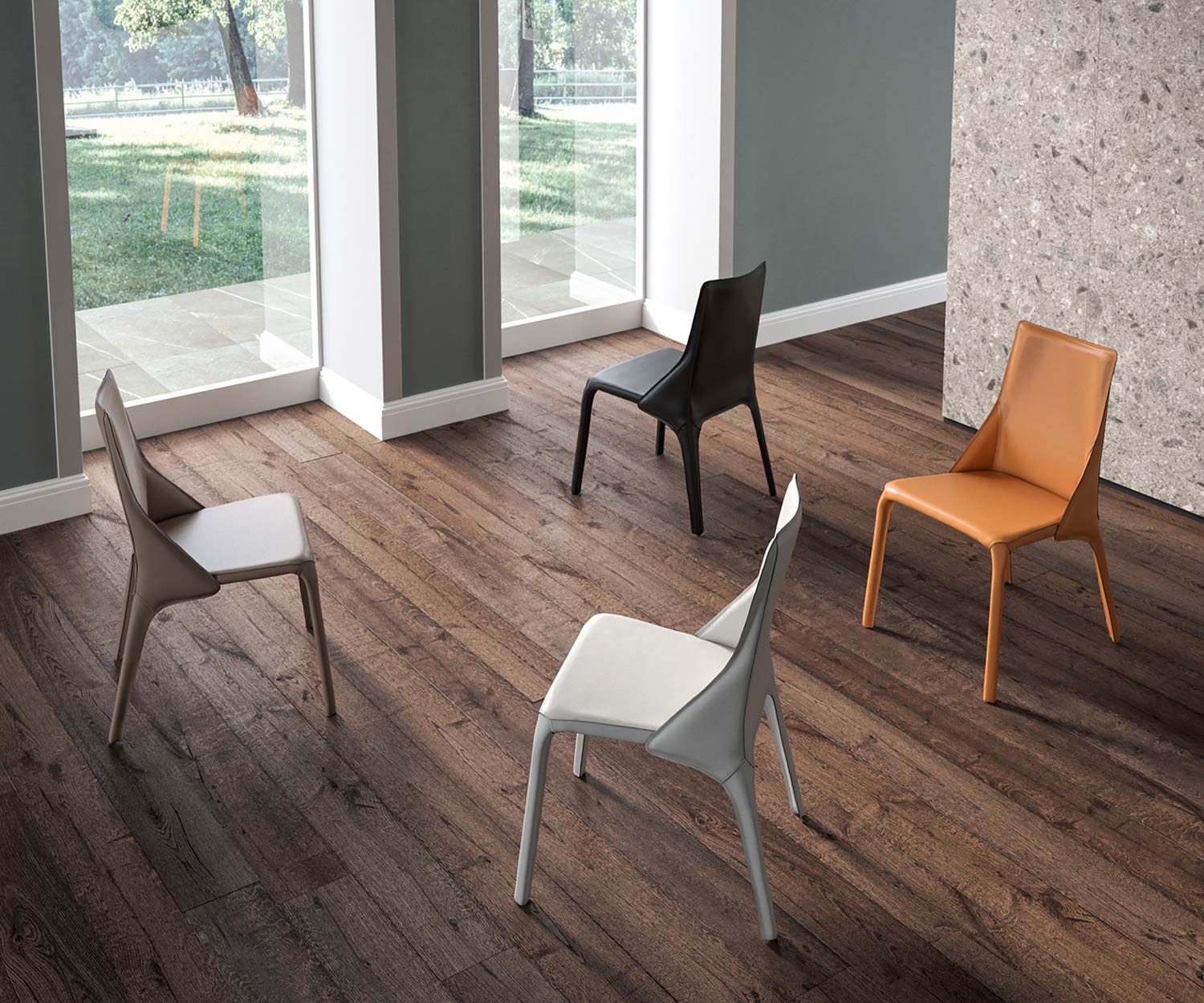 Sedia in pelle dal design moderno Quattro sedie in pelle disposte in una stanza su un pavimento in legno