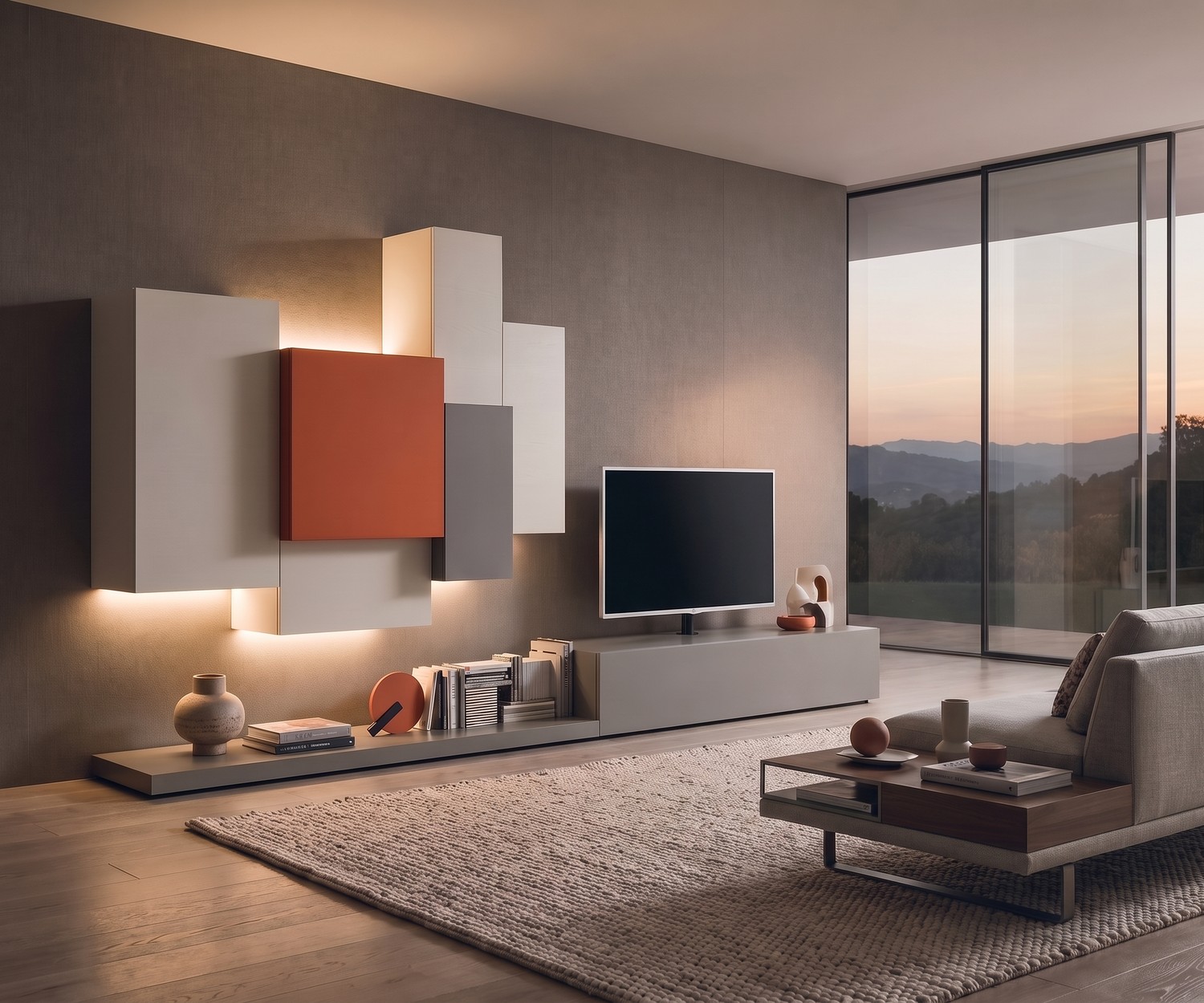 Basamento TV Livitalia EASY in soggiorno moderno, panca bassa grigia minimalista per mobile TV e oggetti decorativi.