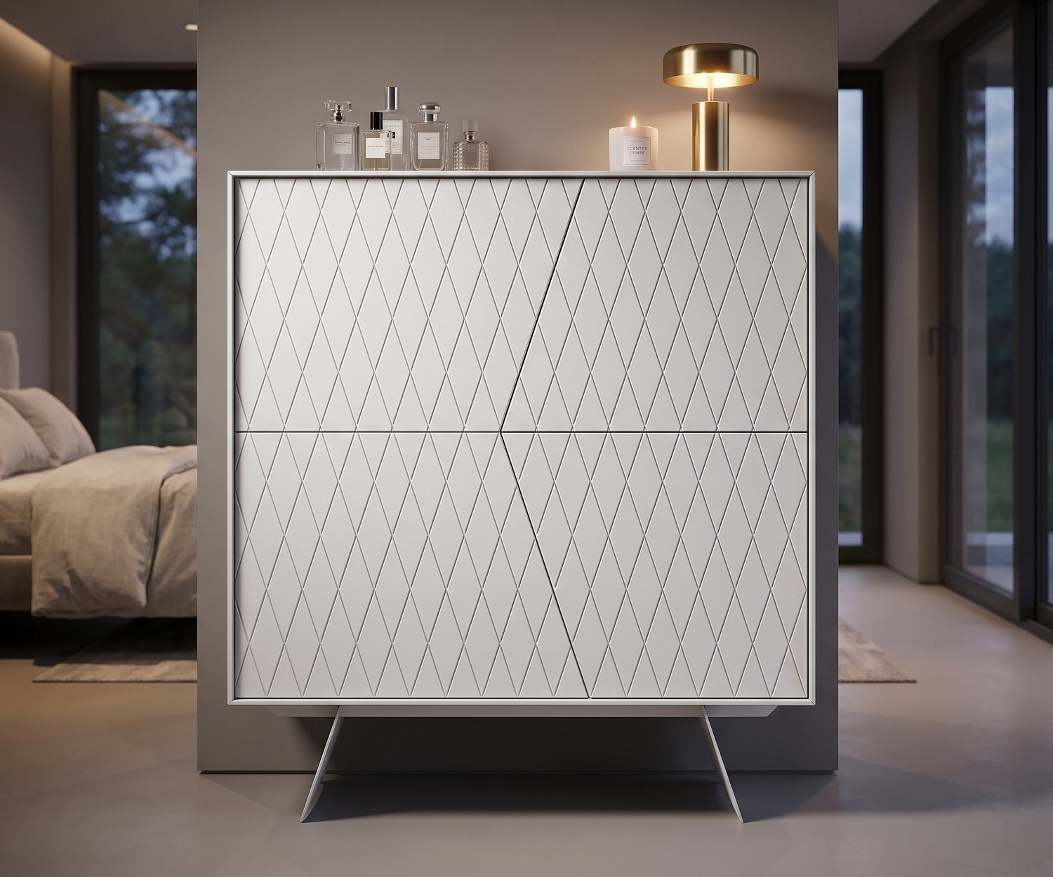 Madia alta al2 e-klipse 009 per camera da letto in bianco opaco con ante decorate a rombi dal design moderno.