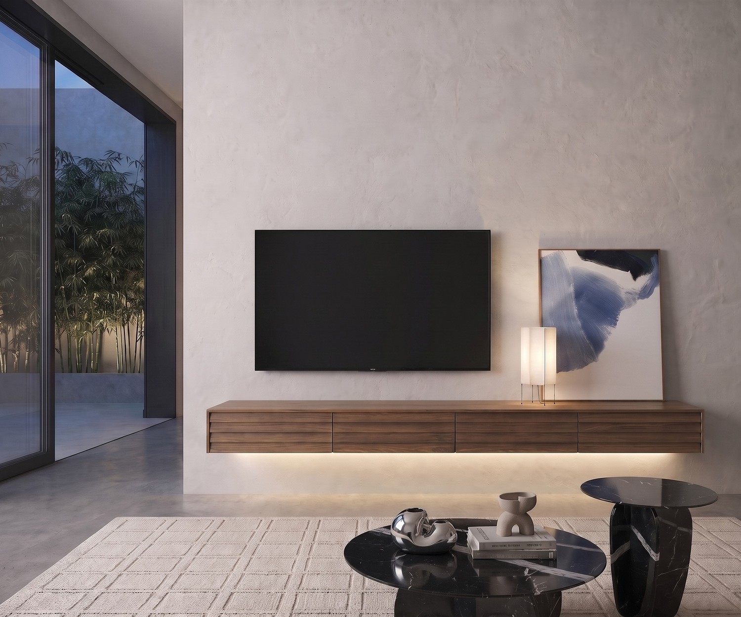 Mobile TV sospeso Punt Sussex Configuratore in noce Mobile TV sospeso Punt Sussex Configuratore in noce, perfetto per un soggiorno moderno ed elegante con illuminazione LED.