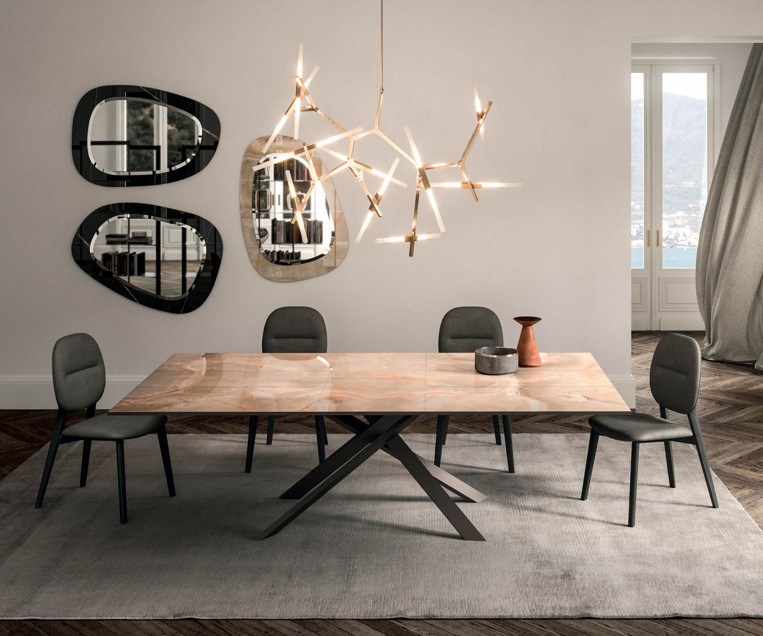 Tavolo di design salvaspazio in marmo e vetro Ozzio T240 4x4 colori Onyx Tavolo di design salvaspazio in marmo e vetro Ozzio T240 4x4 colori Onyx