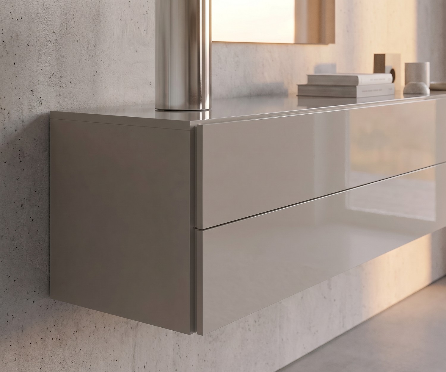 Cassettiera sospesa Easy di Novamobili in sabbia lucido, madia sospesa moderna per un soggiorno minimalista ed elegante.