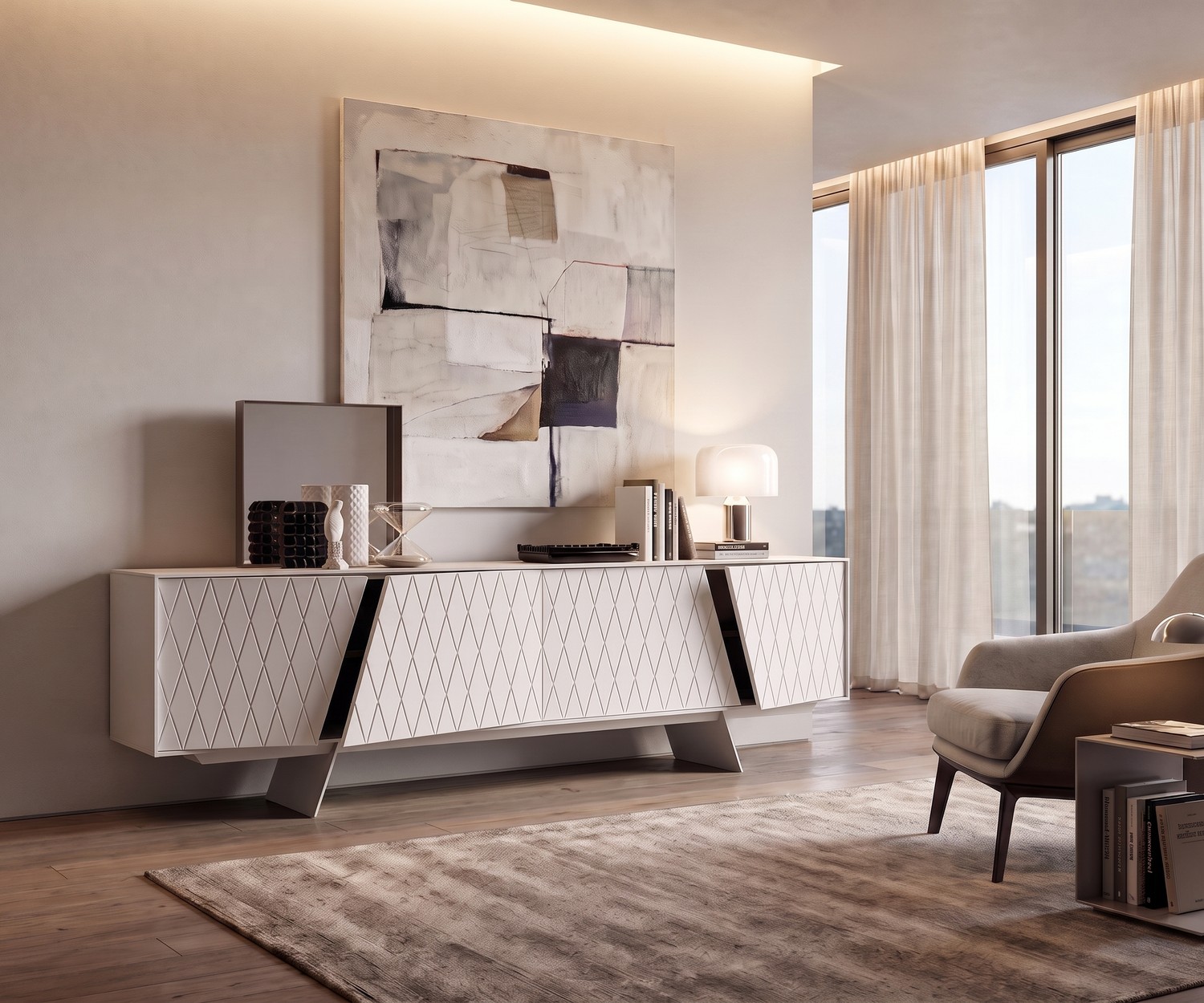 Madia di design al2 e-klipse 003 per il soggiorno, elegante madia bianca con motivo a rombi tridimensionale.