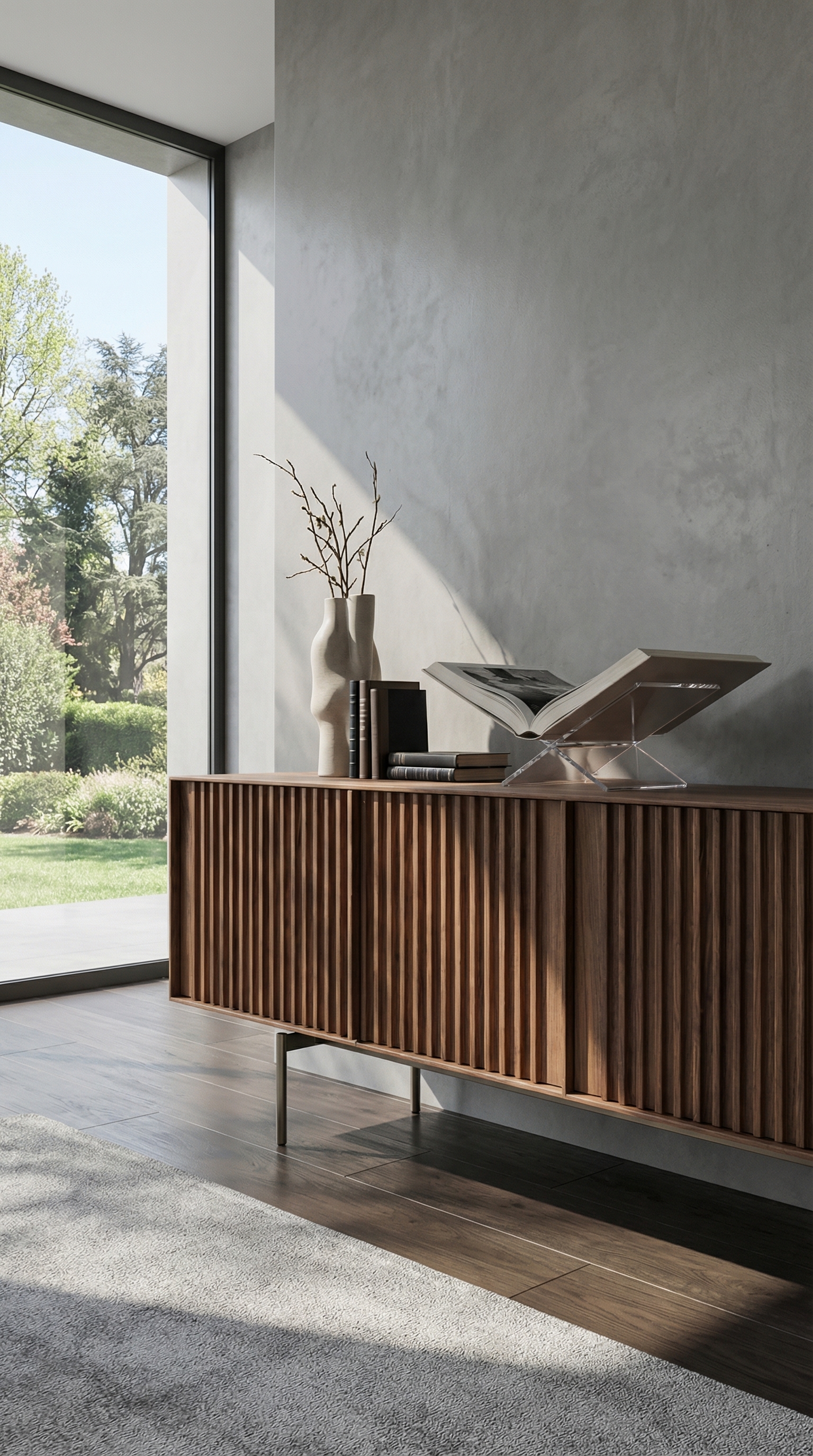 Dettaglio sideboard al2 KA-BERA con struttura a lamelle in noce
