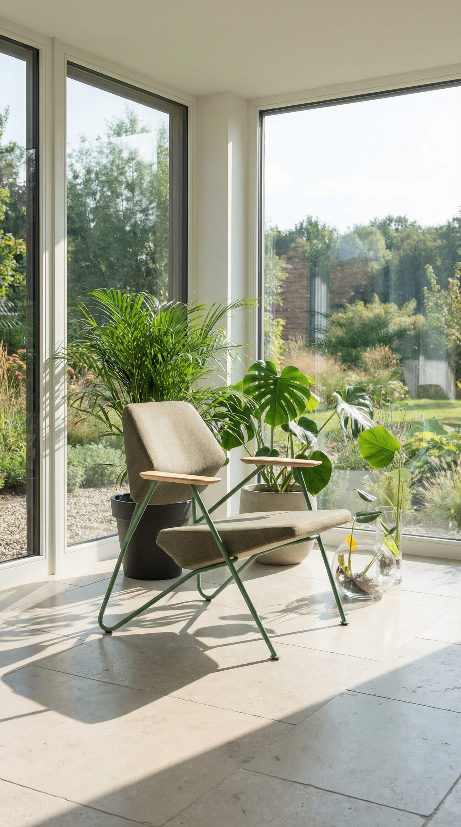 Poltrona lounge geometrica con struttura verde e cuscini beige davanti a grandi piante da interno Poltrona lounge geometrica con struttura verde e cuscini beige davanti a grandi piante da interno