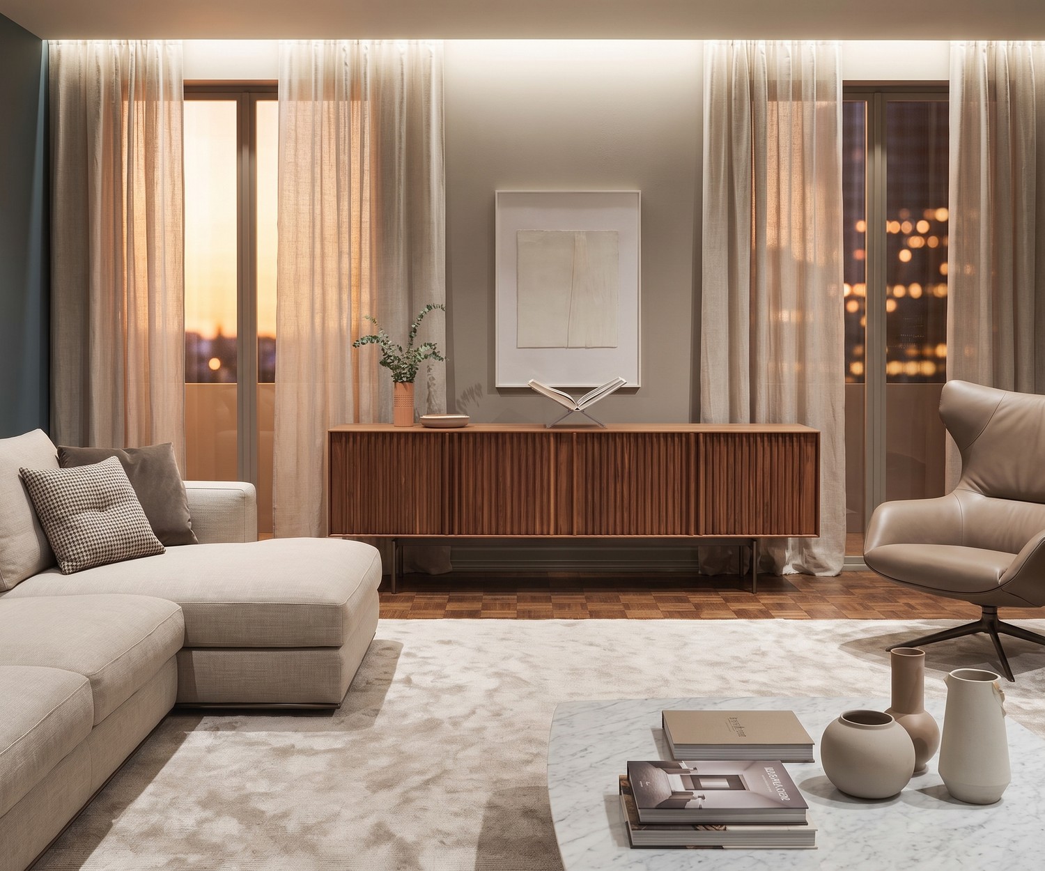 Madia di design in noce con ante a doghe Madia di design ka-bera 003 A in legno di noce con ante a doghe verticali per un soggiorno elegante e moderno.