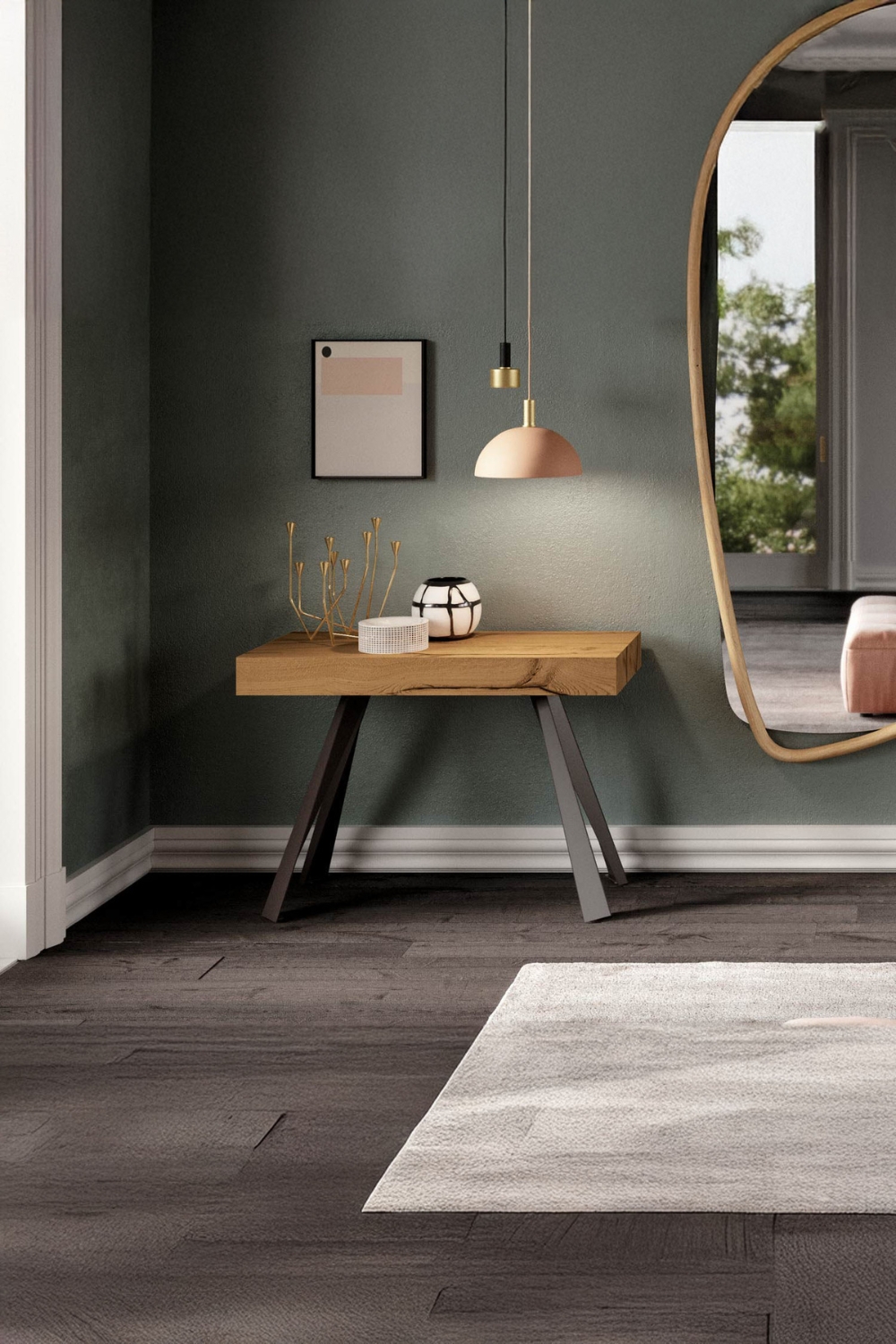 ingresso-con-consolle-lampade-a-sospensione-e-specchio-a-parete-dal-design-moderno