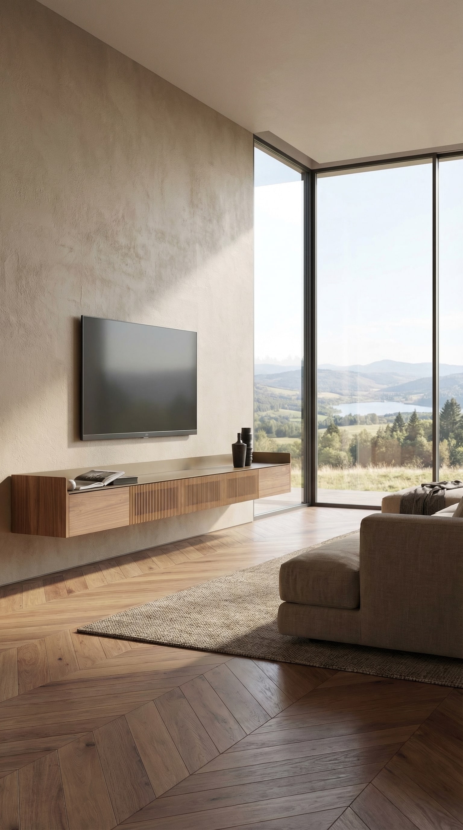 Soggiorno con finestre a tutta altezza, lowboard sospeso in legno sottile e luce naturale. Soggiorno con finestre a tutta altezza, lowboard sospeso in legno sottile e luce naturale.