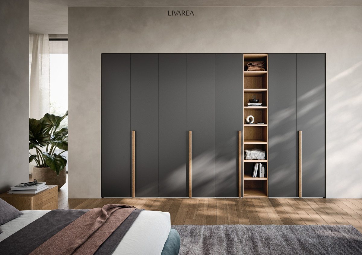 Armadio a muro grigio scuro con ante a battente in camera da letto con ripiano in legno per oggetti decorativi, libri, vestiti Armadio a muro grigio scuro con ante a battente in camera da letto con ripiano in legno per oggetti decorativi, libri, vestiti