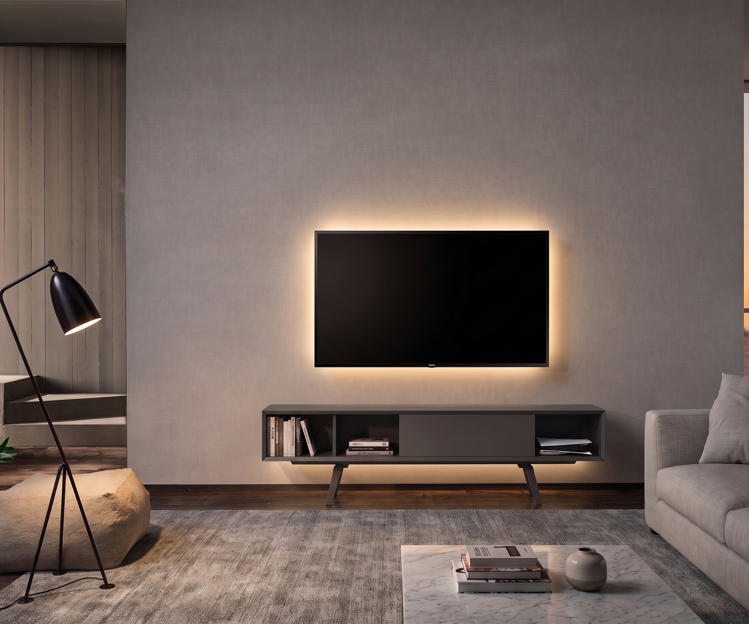 Mobile TV basso moderno bianco e-klipse 005 Mobile TV basso e-klipse 005 per il soggiorno. Porta TV di design bianco moderno sotto la televisione a parete.
