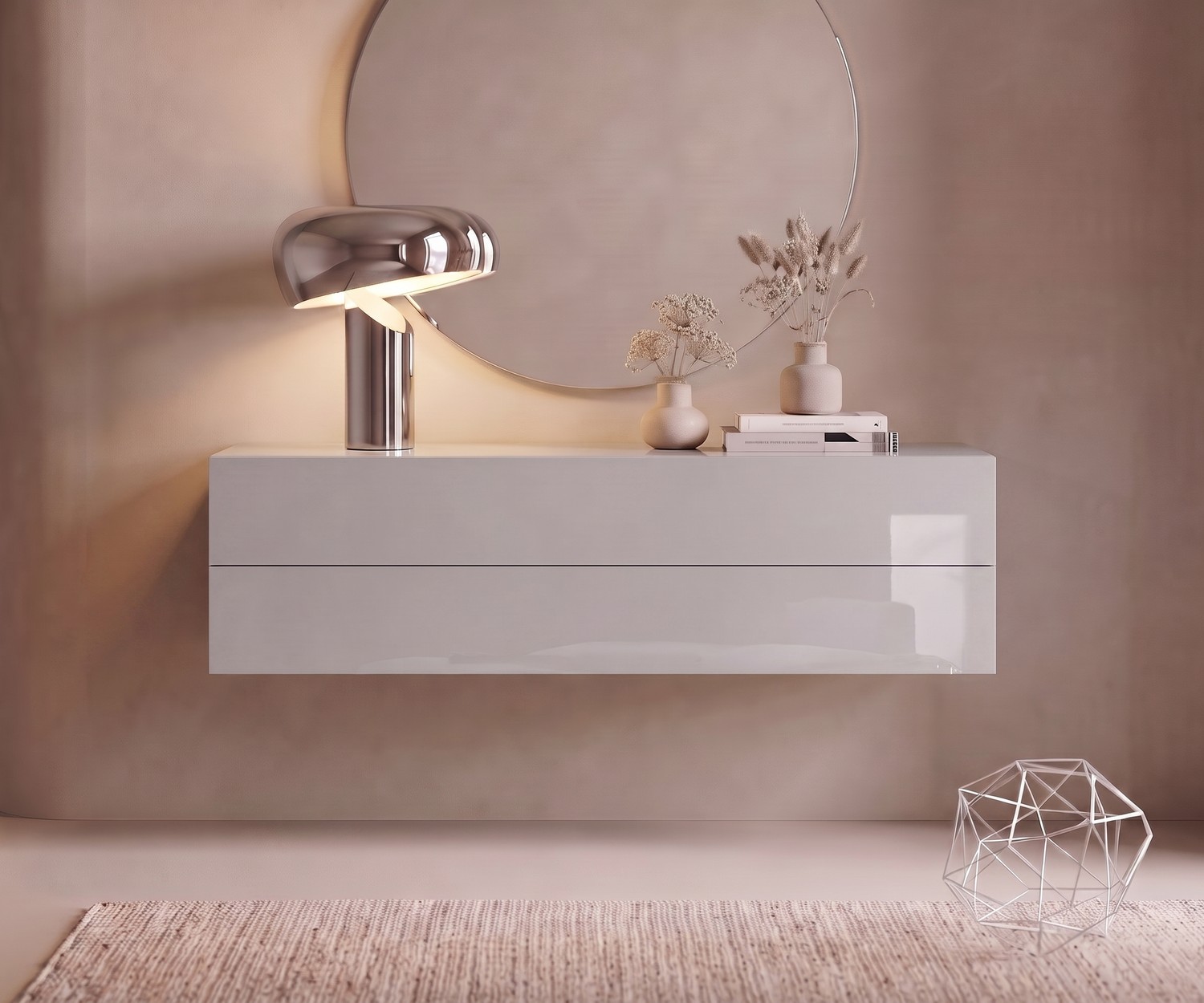 Cassettiera sospesa Novamobili Easy grigio chiaro Cassettiera sospesa Easy di Novamobili per camera da letto, design moderno grigio chiaro con due cassetti e specchio.