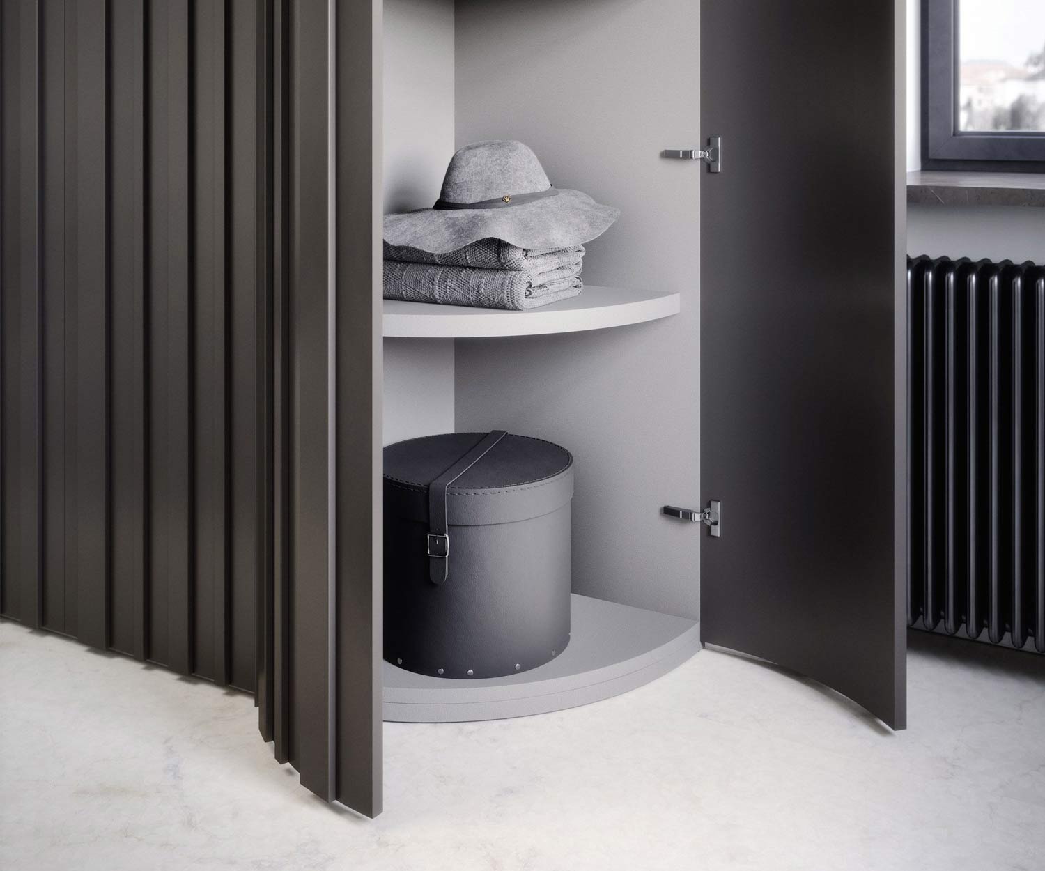 Armadio di design Alfa Curvo senza angoli legno scuro rustico moderno lusso Armadio di design Alfa Curvo senza angoli legno scuro rustico moderno lusso