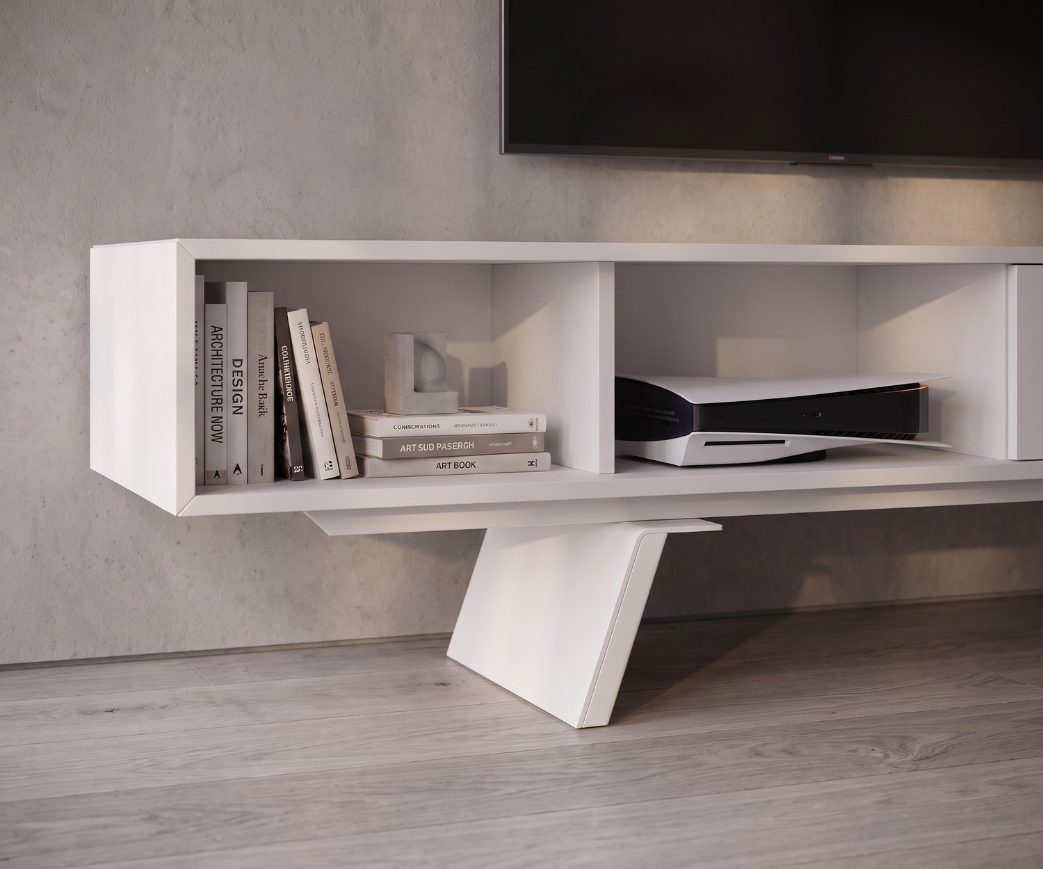 Mobile TV basso moderno bianco e-klipse 005 Mobile TV basso e-klipse 005 per il soggiorno. Porta TV di design bianco moderno sotto la televisione a parete.