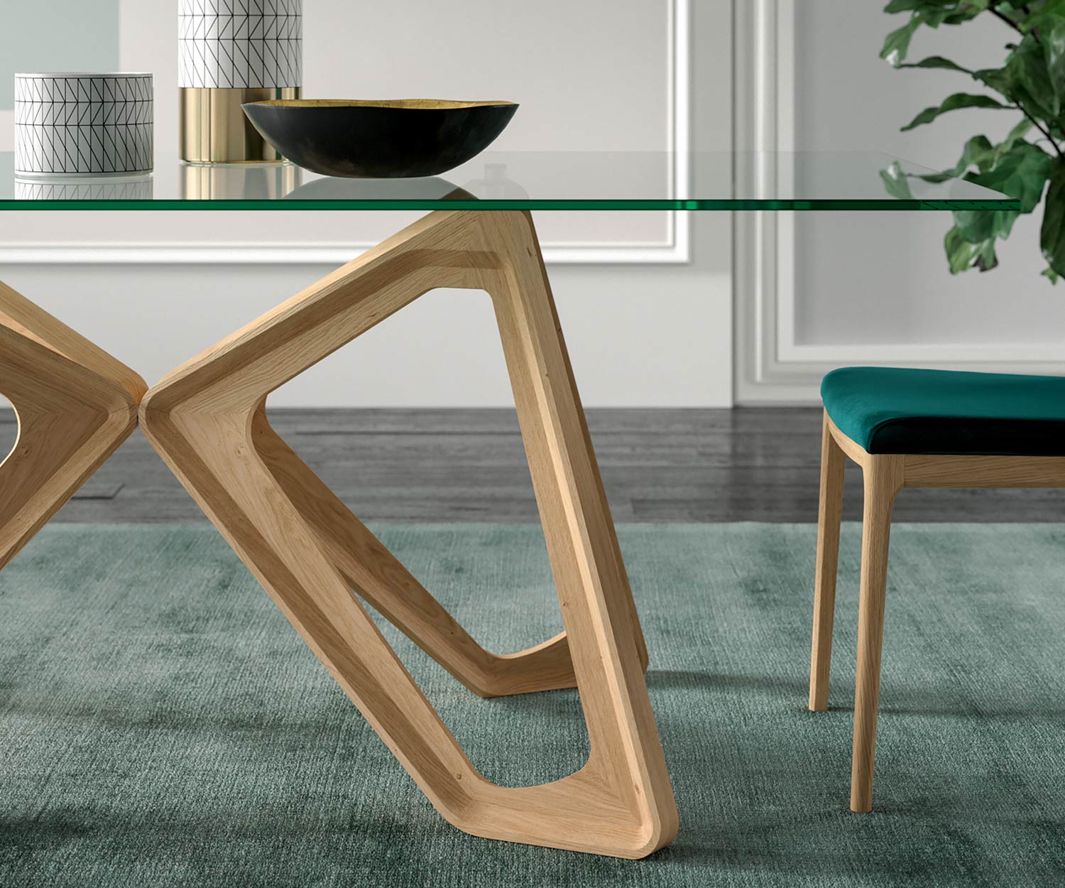 Tavolo in vetro dal design moderno Papillon di Ozzio Dettaglio Piano in vetro Telaio Base solida Tavolo in vetro dal design moderno Papillon di Ozzio Dettaglio Piano in vetro Telaio Base solida