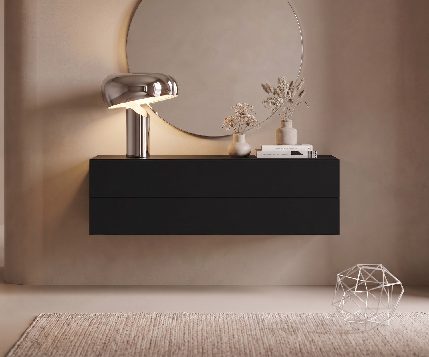 Cassettiera Sospesa Nera Novamobili Easy Cassettiera sospesa Easy di Novamobili nera, madia a parete per ingresso o soggiorno in stile moderno e minimalista